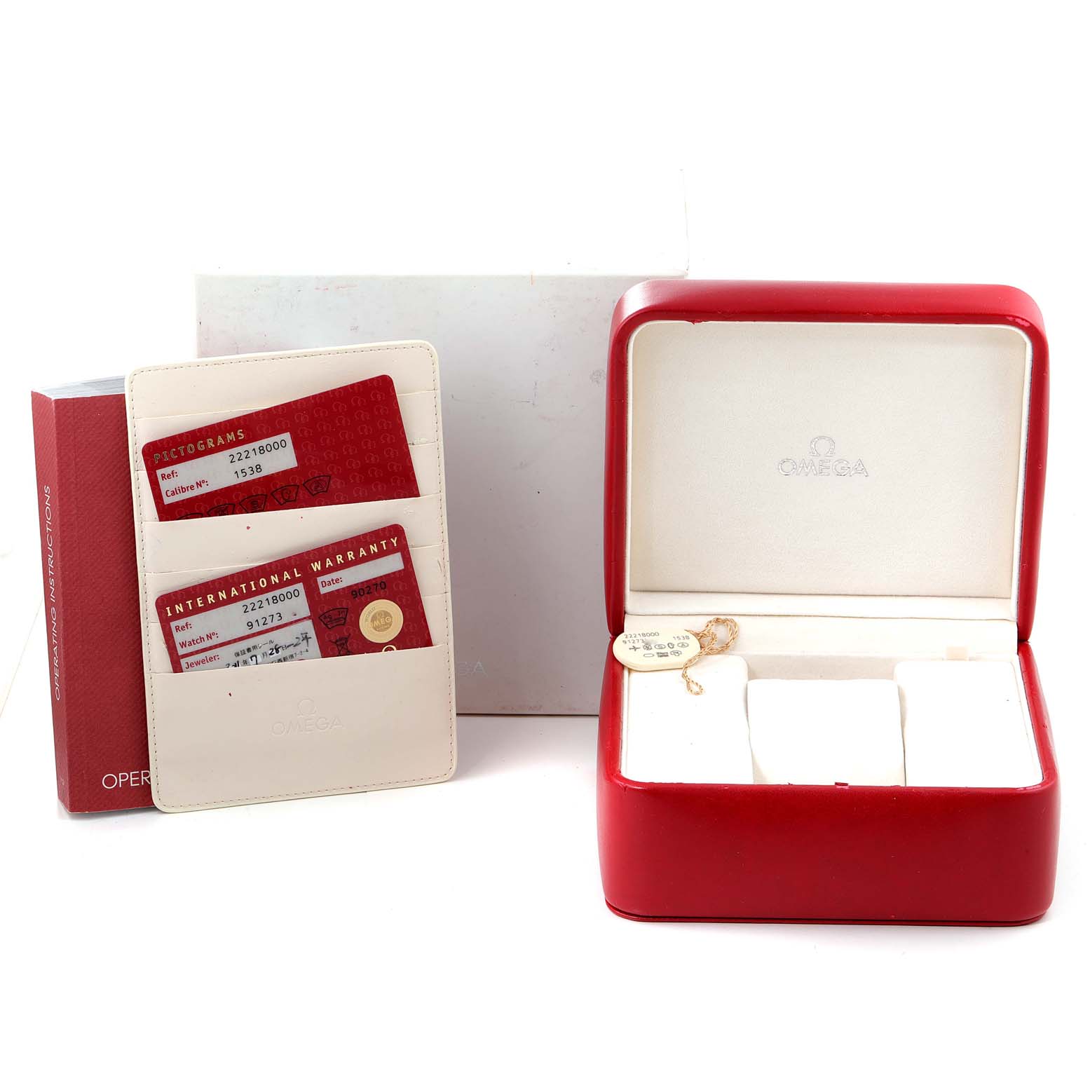 The image shows the packaging and accessories for the Omega Seamaster 2221.80.00 Men's Stainless Steel Blue Dial 2221.80.00 Men's Stainless Steel Blue Dial, including warranty cards, an instruction manual, and a watch box.