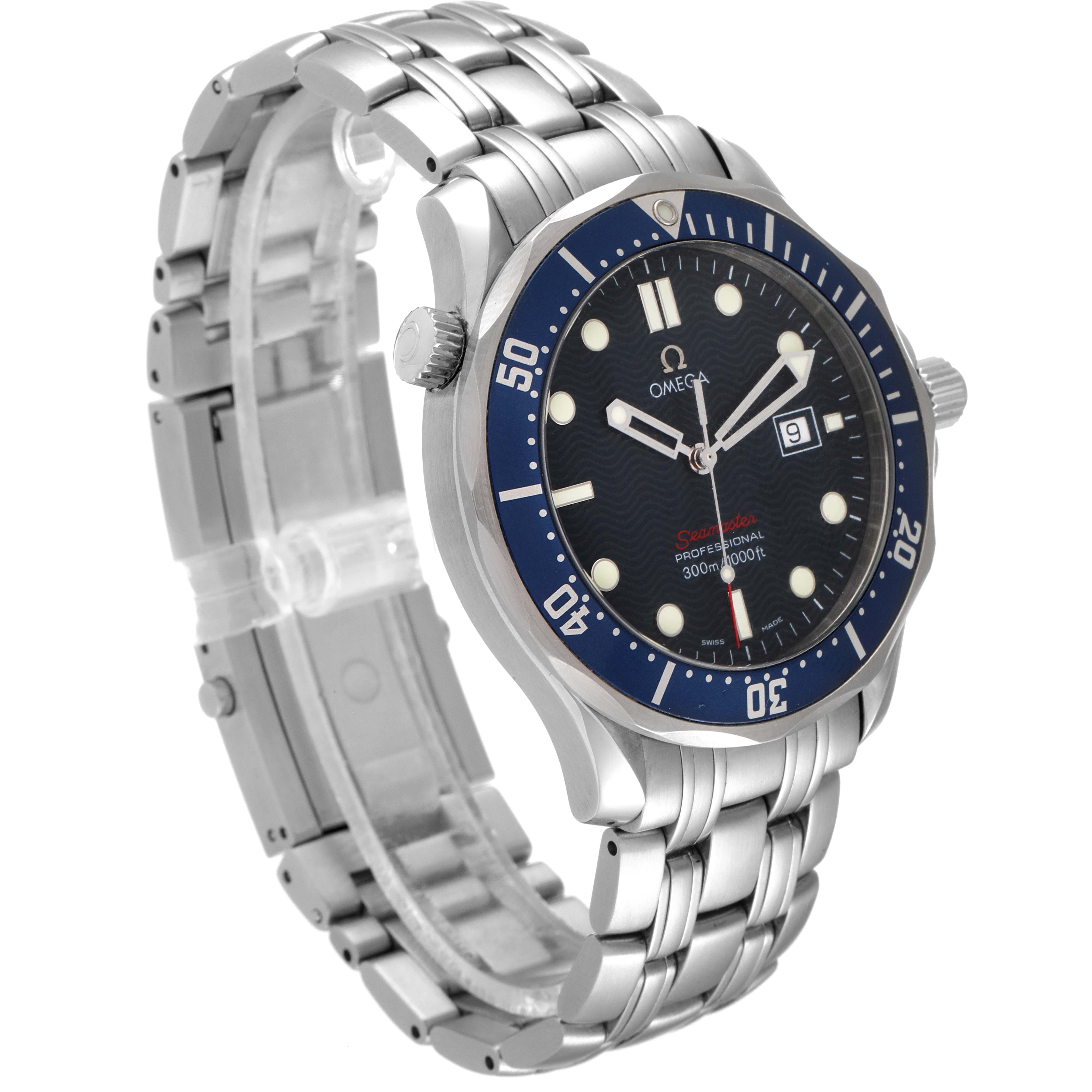 This Omega Seamaster 2221.80.00 Men's Stainless Steel Blue Dial 2221.80.00 Men's Stainless Steel Blue Dial watch is displayed at a side angle, showcasing the face, bezel, case, and bracelet.