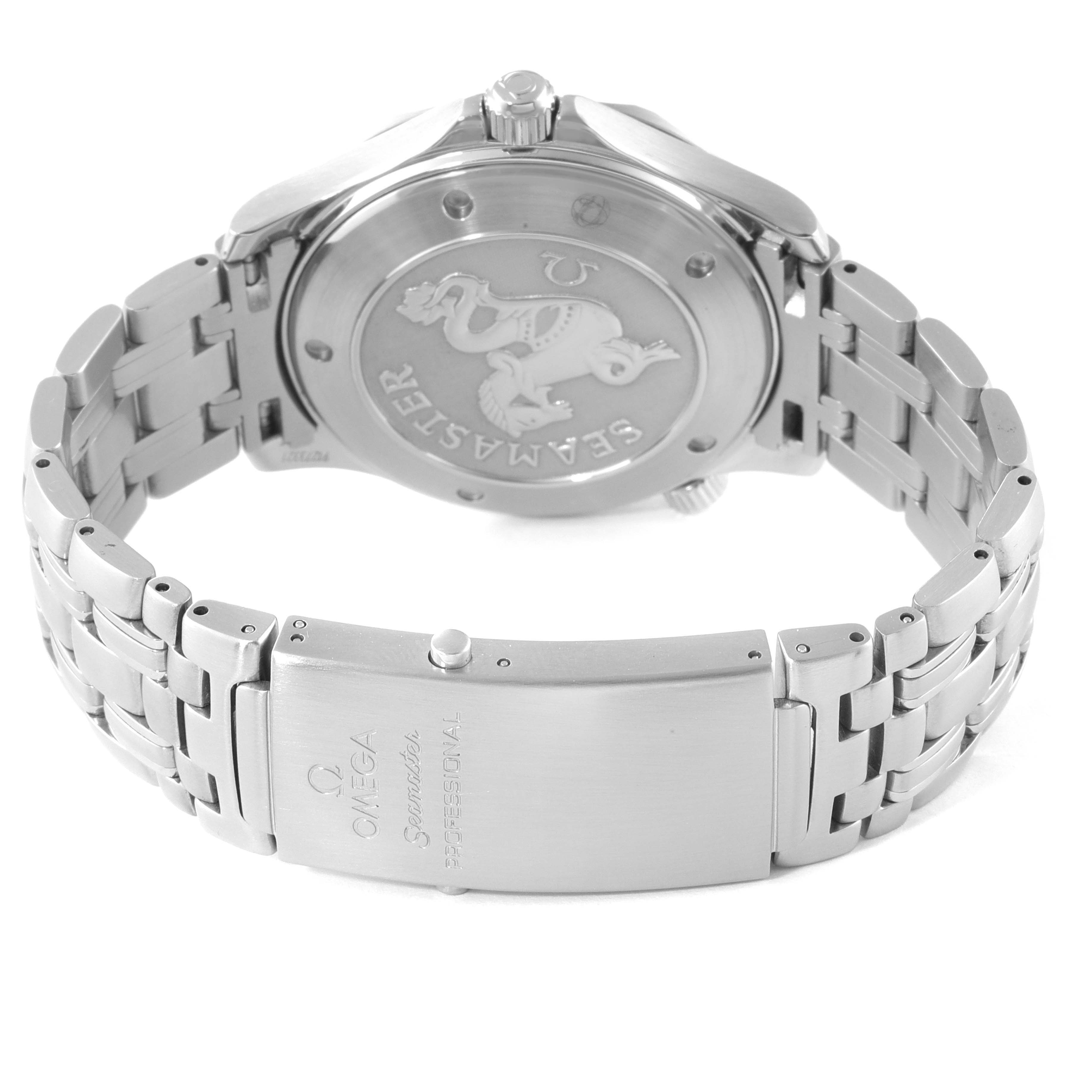 This image shows the back case and bracelet of an Omega Seamaster 2221.80.00 Men's Stainless Steel Blue Dial 2221.80.00 Men's Stainless Steel Blue Dial watch, highlighting the clasp and design details.