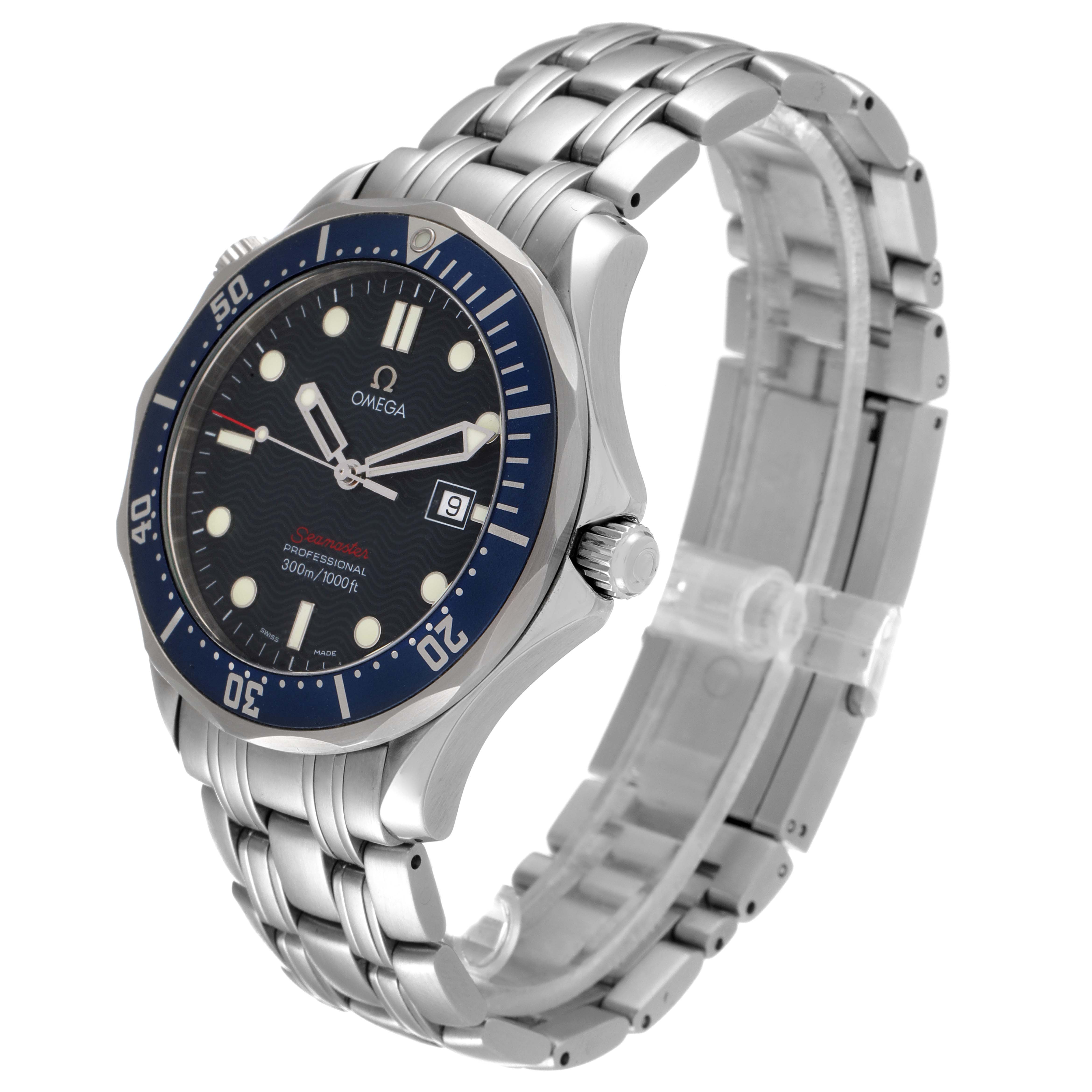 The image shows a three-quarter side view of an Omega Seamaster 2221.80.00 Men's Stainless Steel Blue Dial 2221.80.00 Men's Stainless Steel Blue Dial watch, highlighting the face, bezel, crown, and bracelet.