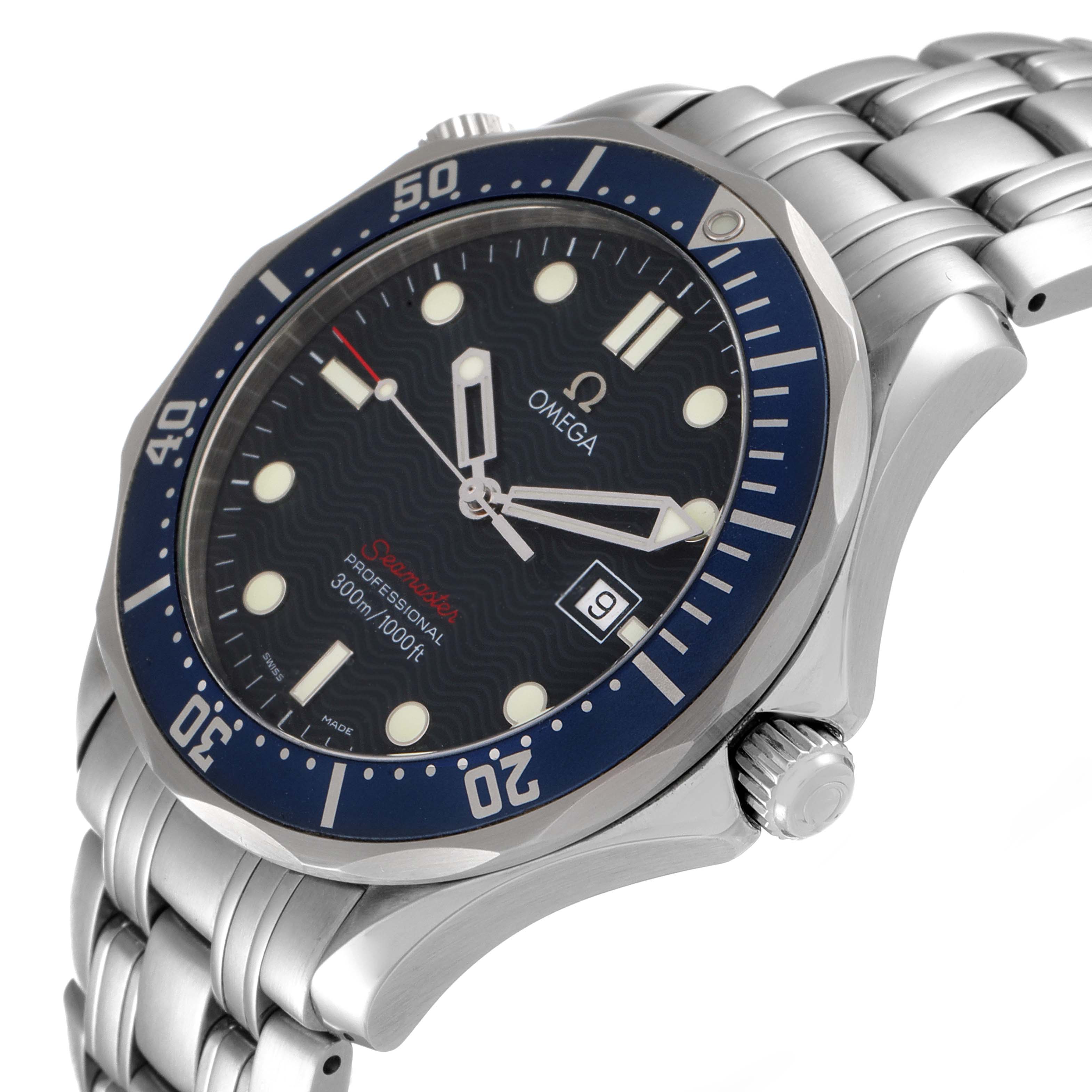 This image shows an angled view of the Omega Seamaster 2221.80.00 Men's Stainless Steel Blue Dial 2221.80.00 Men's Stainless Steel Blue Dial watch, highlighting the face, bezel, crown, and metal bracelet.