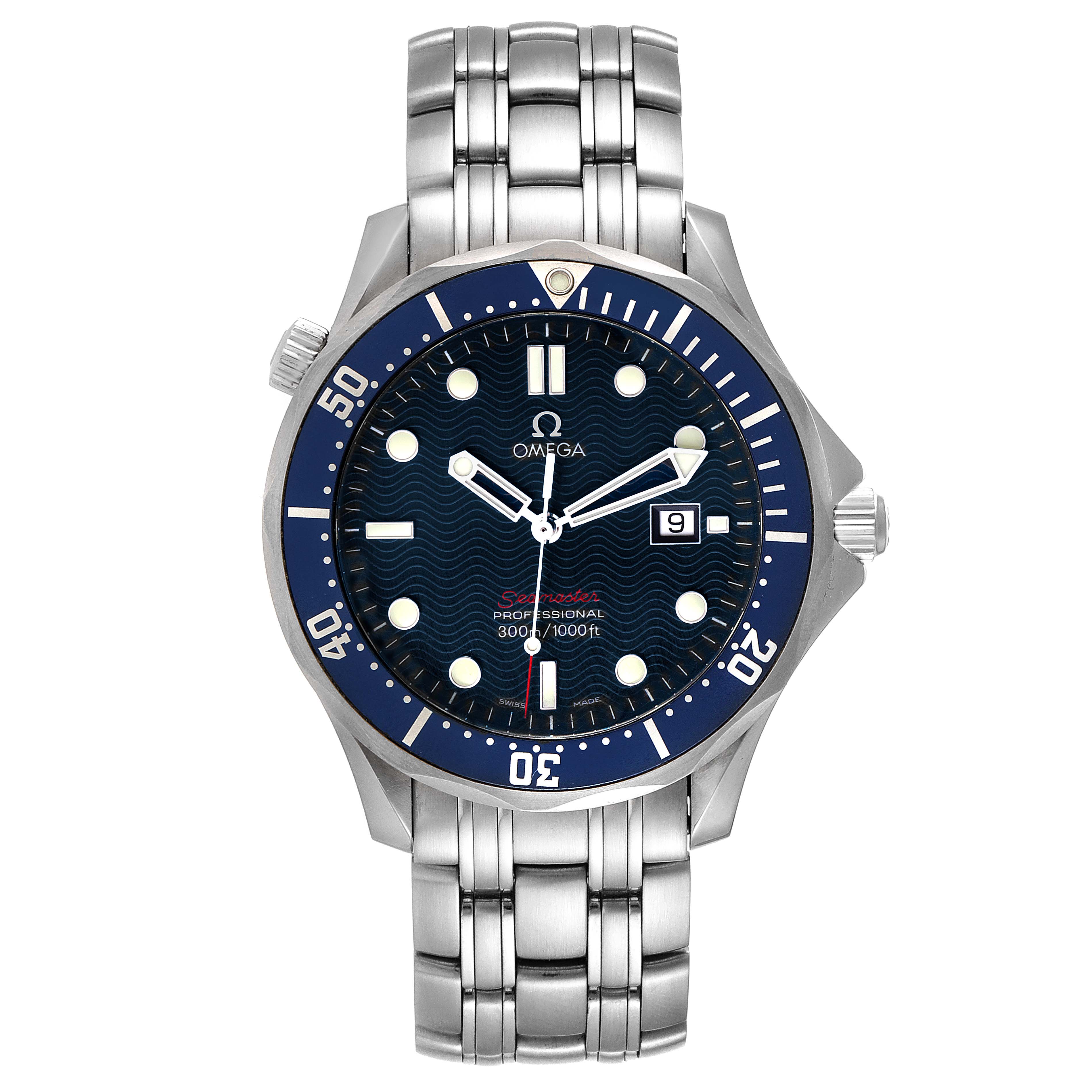 This is a front view of an Omega Seamaster 2221.80.00 Men's Stainless Steel Blue Dial 2221.80.00 Men's Stainless Steel Blue Dial watch showing the dial, bezel, bracelet, crown, and date window.