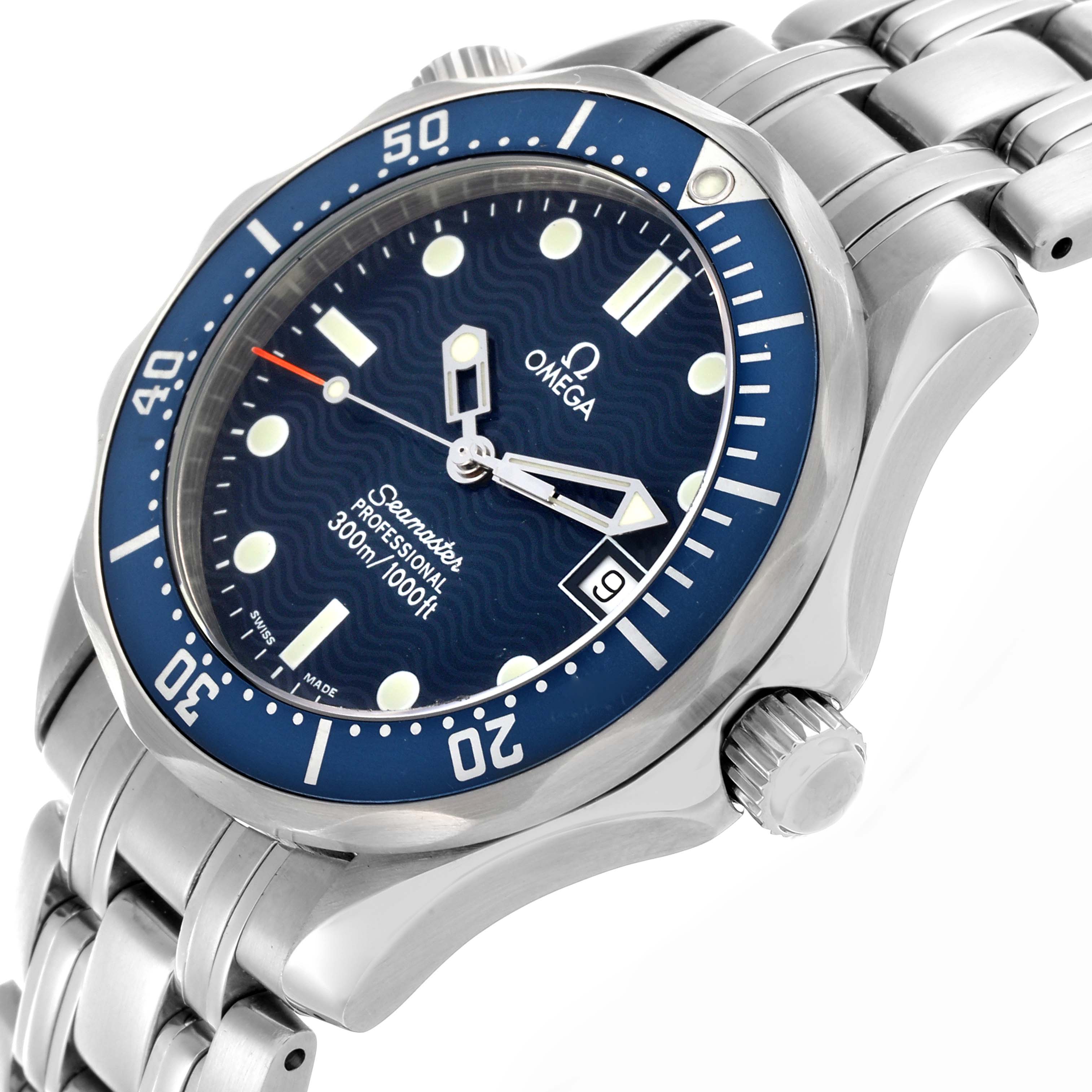 The Omega Seamaster 2561.80.00 Men
s Stainless Steel Blue Dial 2561.80.00 Men
s Stainless Steel Blue Dial watch is shown at a side angle highlighting the blue dial, bezel, and part of the stainless steel bracelet.