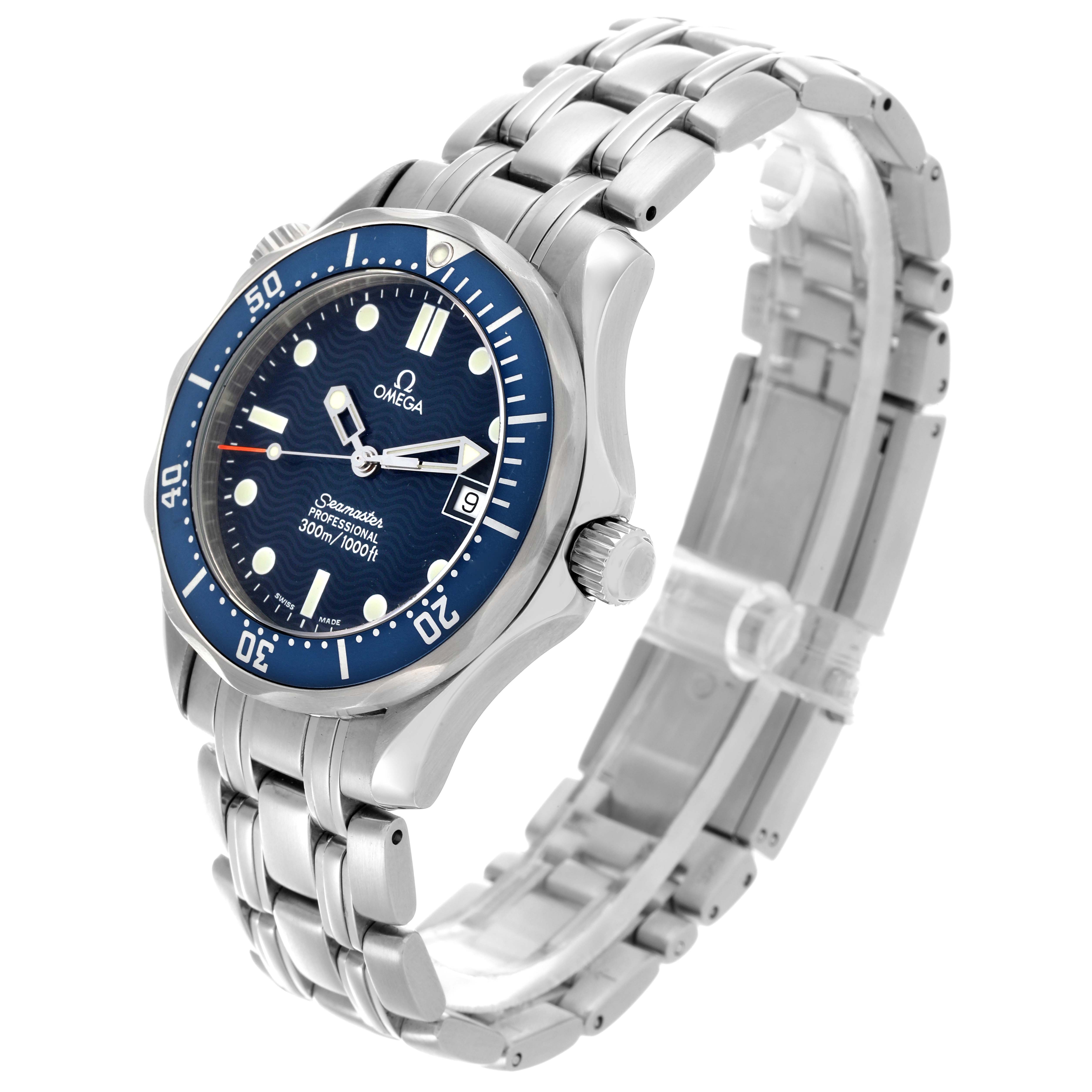 The Omega Seamaster 2561.80.00 Men
s Stainless Steel Blue Dial 2561.80.00 Men
s Stainless Steel Blue Dial watch is shown at a three-quarter angle highlighting the face, bezel, crown, and bracelet.