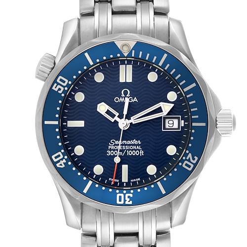 The Omega Seamaster watch is shown from the front, displaying the dial, bezel, and bracelet links.