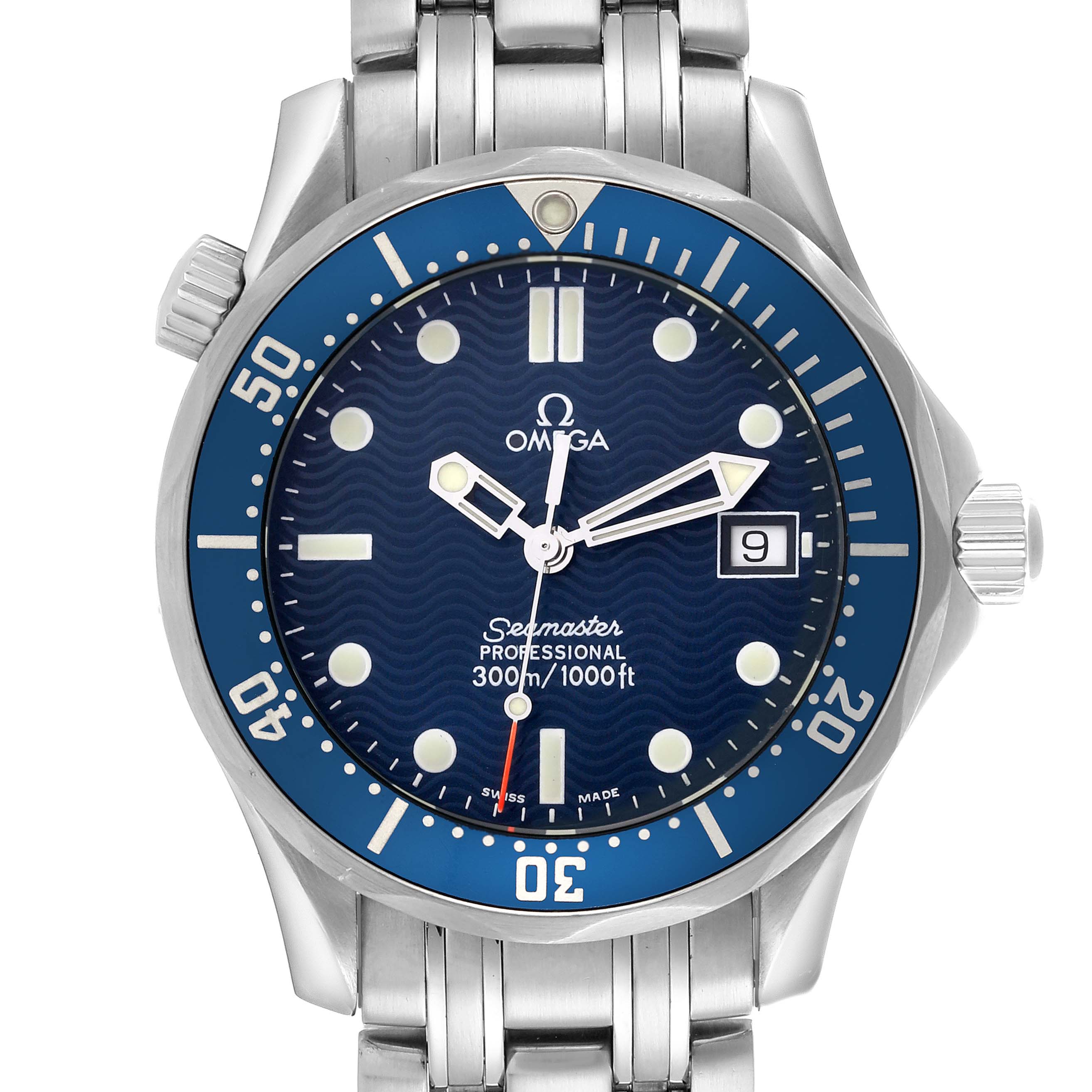 The Omega Seamaster 2561.80.00 Men
s Stainless Steel Blue Dial 2561.80.00 Men
s Stainless Steel Blue Dial watch is shown from the front, highlighting its face, bezel, crown, and part of the bracelet.