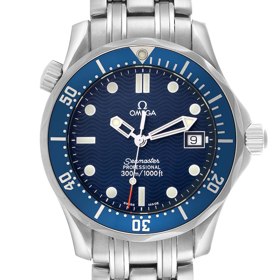 The Omega Seamaster watch is shown from the front, highlighting its face, bezel, crown, and part of the bracelet.