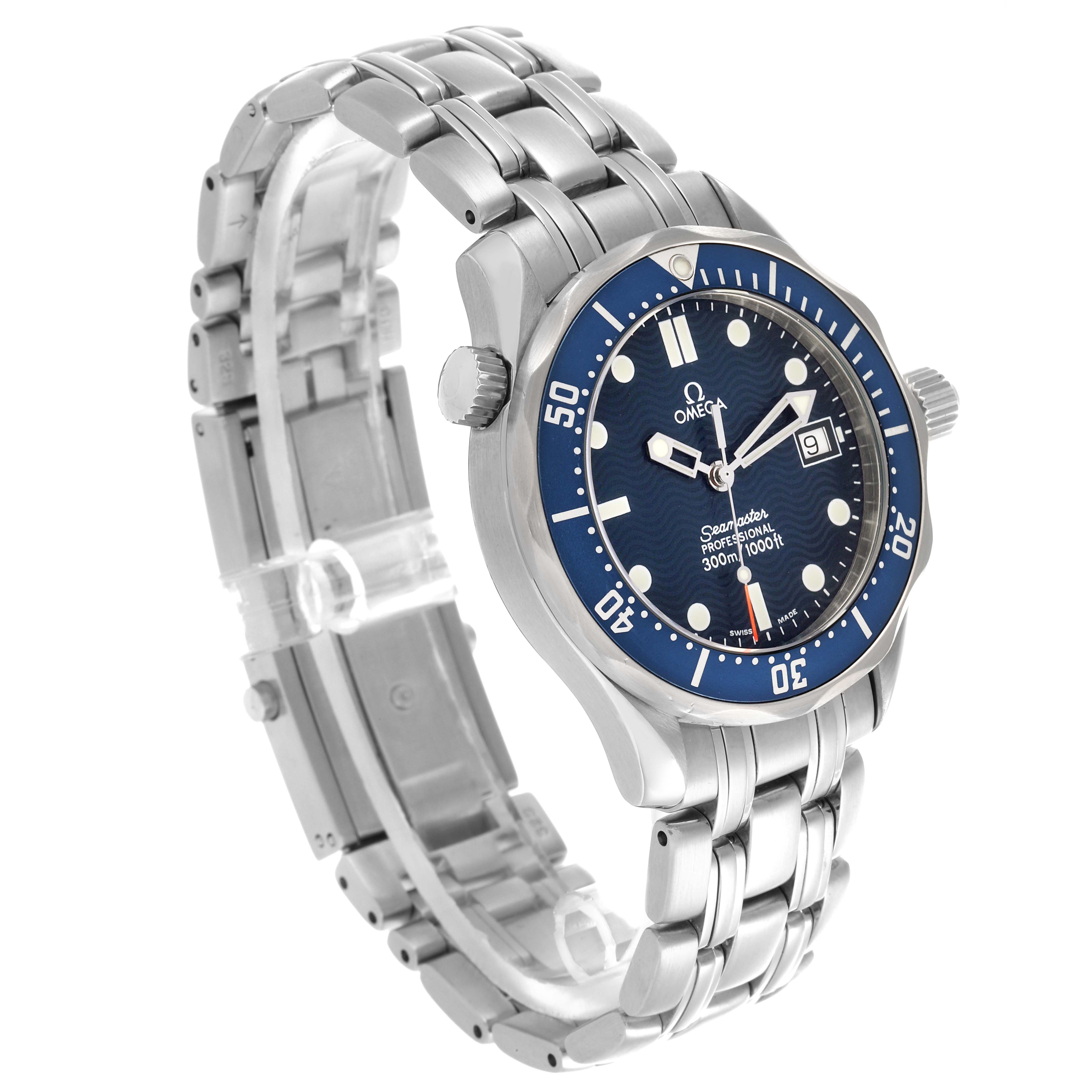 The Omega Seamaster 2561.80.00 Men
s Stainless Steel Blue Dial 2561.80.00 Men
s Stainless Steel Blue Dial watch is shown at a slight angle displaying the dial, bezel, crown, bracelet, and clasp.