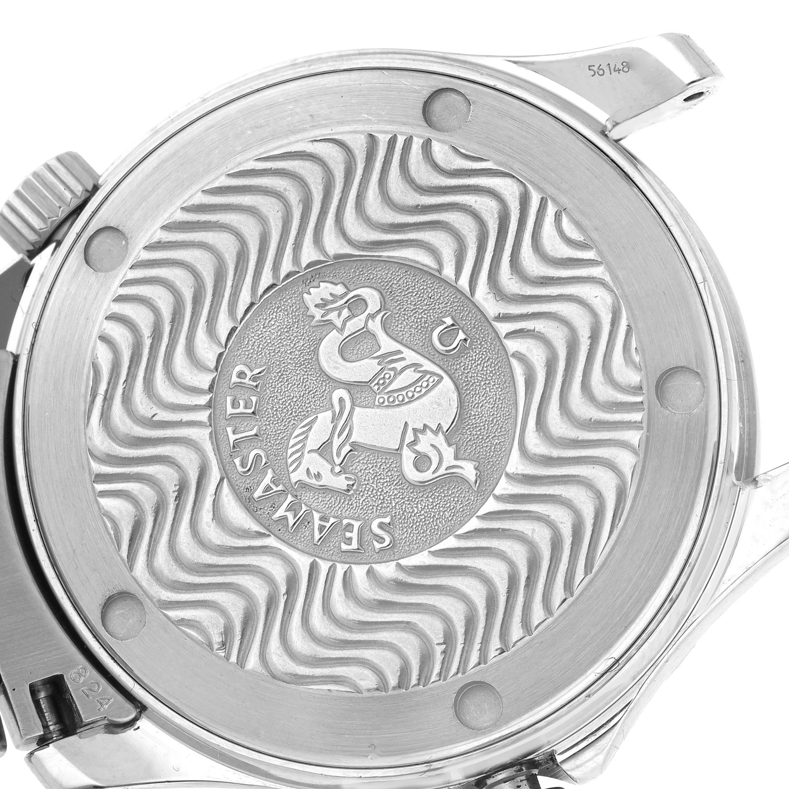 The image shows the back case of the Omega Seamaster 2561.80.00 Men
s Stainless Steel Blue Dial 2561.80.00 Men
s Stainless Steel Blue Dial watch, featuring its engraved design and logo.