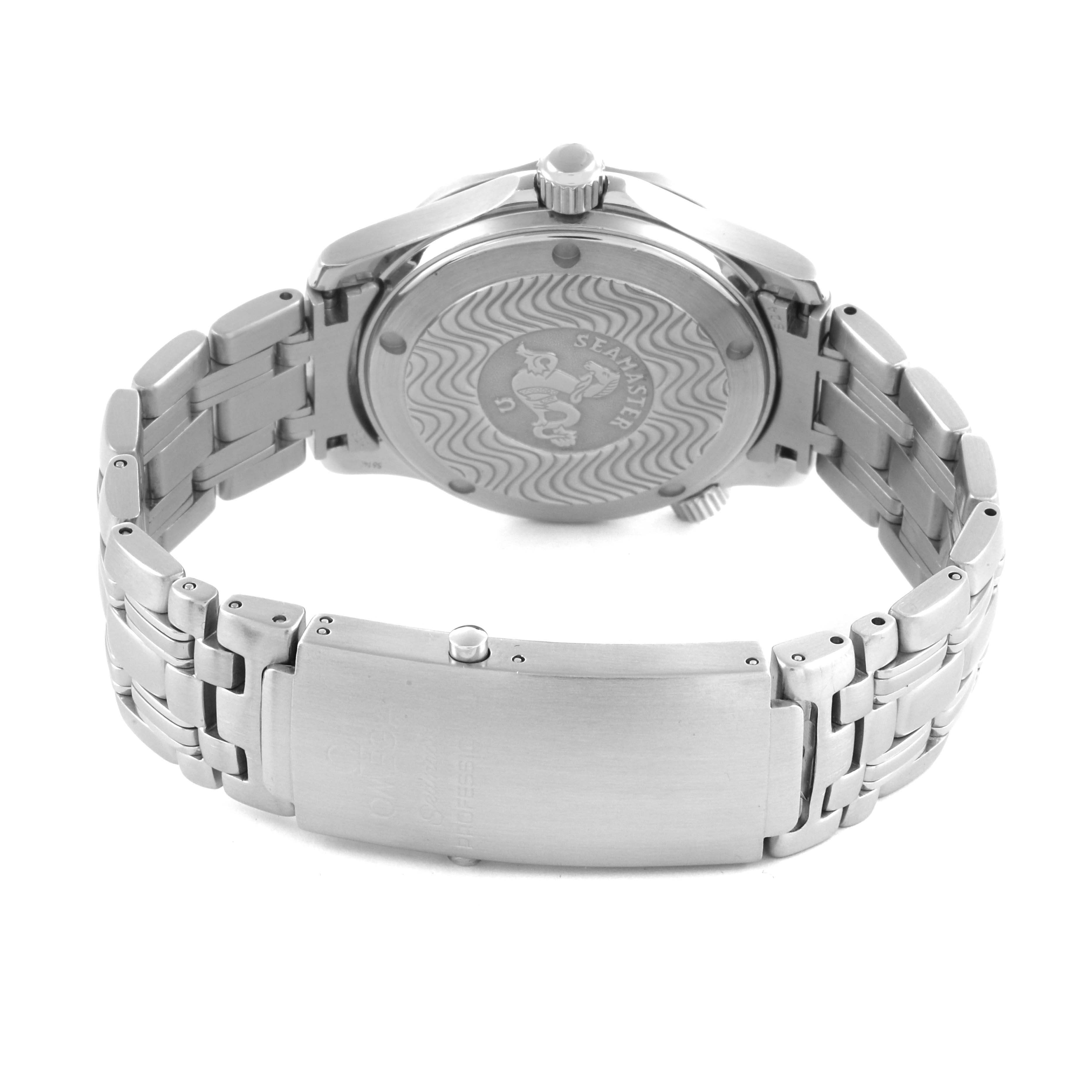 The image shows the back case and bracelet clasp of an Omega Seamaster 2561.80.00 Men
s Stainless Steel Blue Dial 2561.80.00 Men
s Stainless Steel Blue Dial watch from a rear angle.