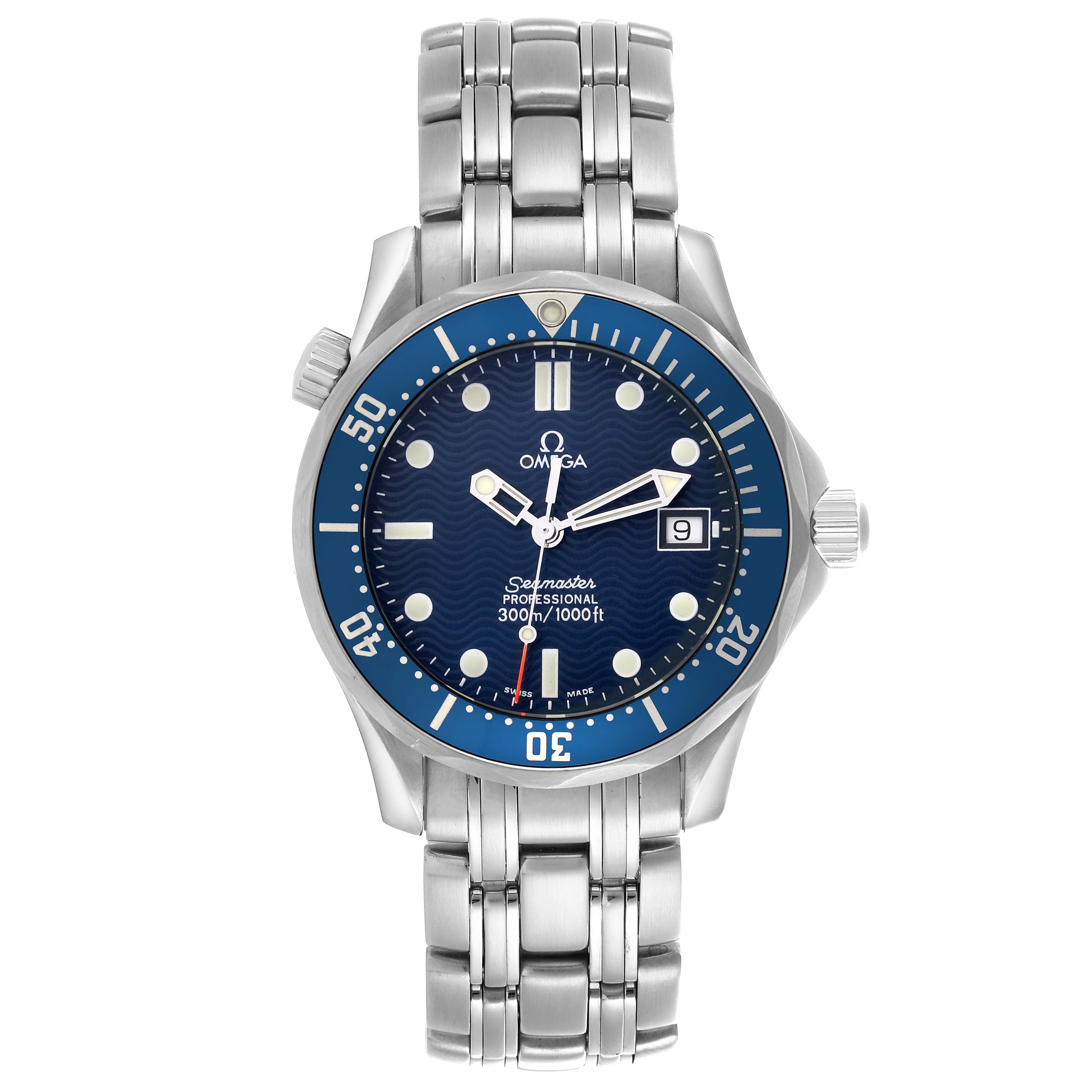 The Omega Seamaster 2561.80.00 Men
s Stainless Steel Blue Dial 2561.80.00 Men
s Stainless Steel Blue Dial watch is shown from a top view displaying the dial, bezel, bracelet, and crown.