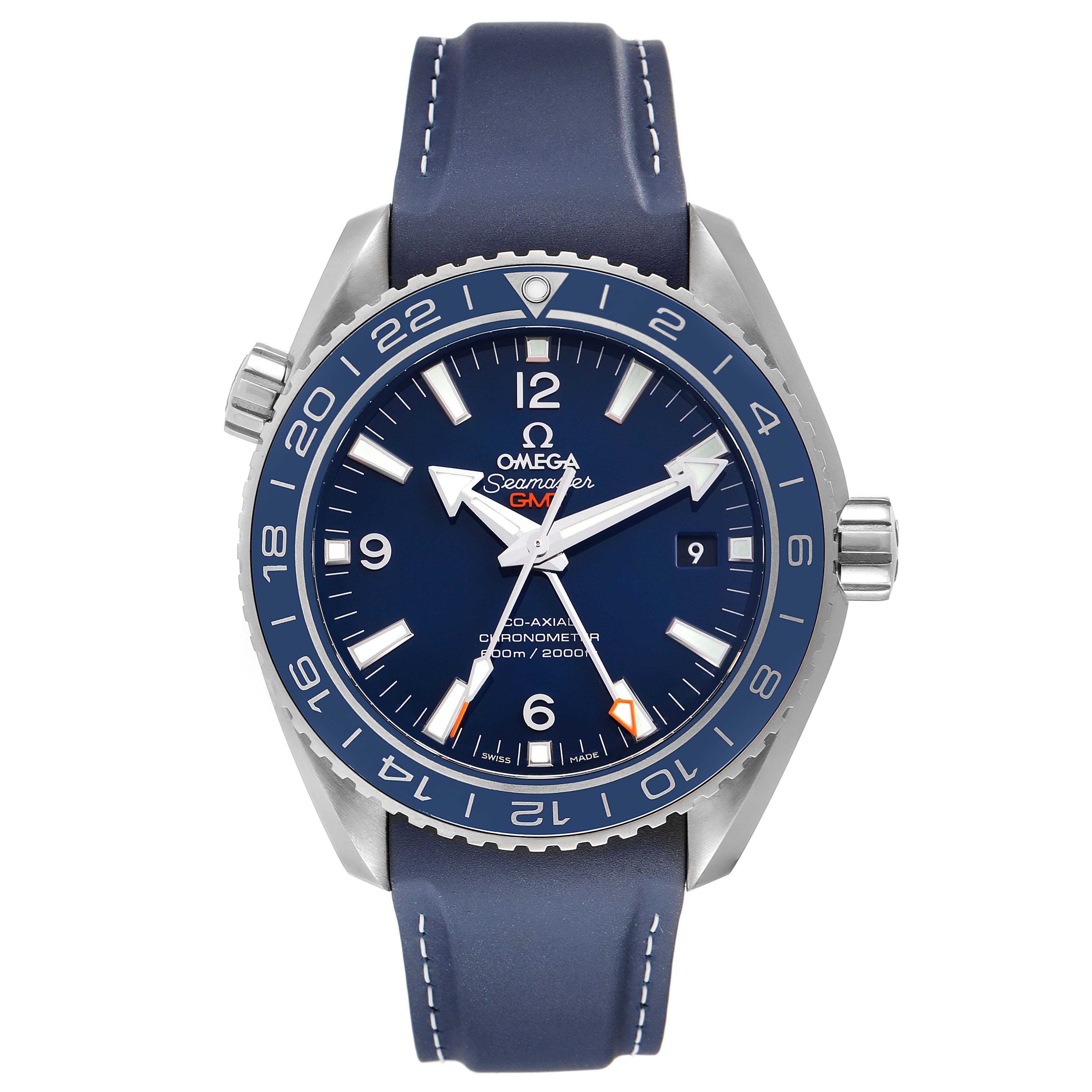 The image shows a front view of the Omega Planet Ocean 232.92.44.22.03.001 Men's Titanium Blue Dial 232.92.44.22.03.001 Men's Titanium Blue Dial model watch, highlighting its blue dial, bezel, and strap.