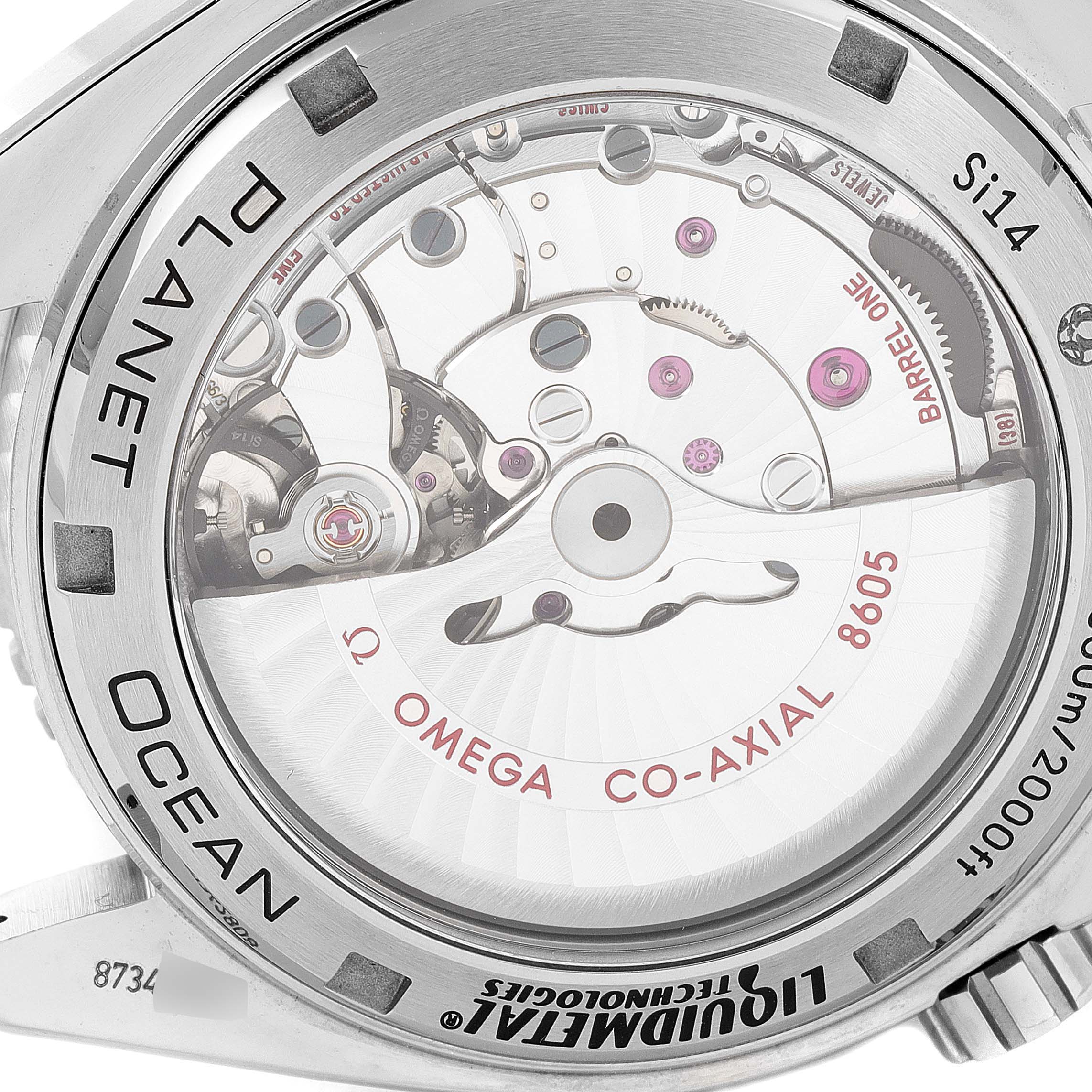 This image shows the back casing and internal mechanism of the Omega Planet Ocean 232.92.44.22.03.001 Men's Titanium Blue Dial 232.92.44.22.03.001 Men's Titanium Blue Dial watch, highlighting its Co-Axial 8605 movement.