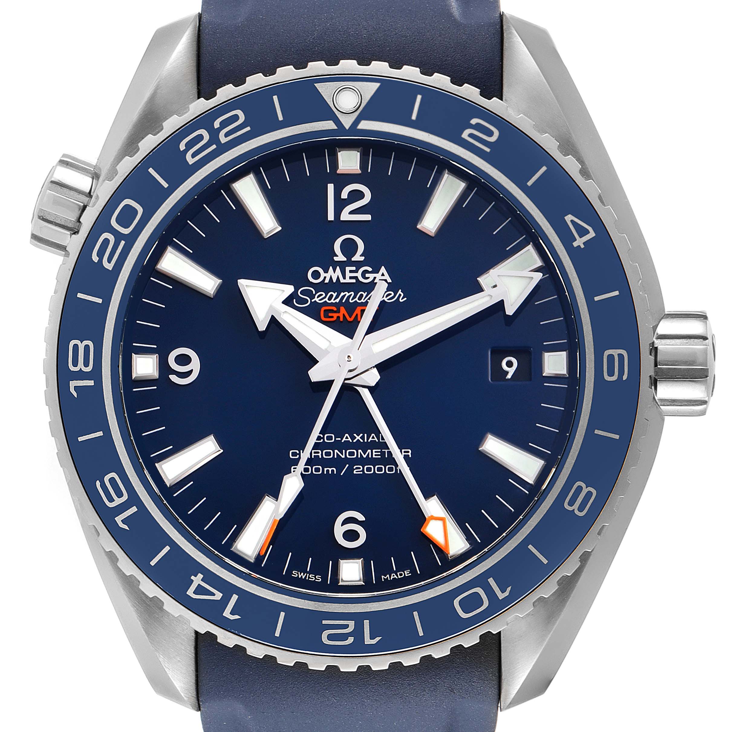 This image shows a frontal view of the Omega Planet Ocean 232.92.44.22.03.001 Men's Titanium Blue Dial 232.92.44.22.03.001 Men's Titanium Blue Dial Seamaster GMT watch face, bezel, and part of the strap.