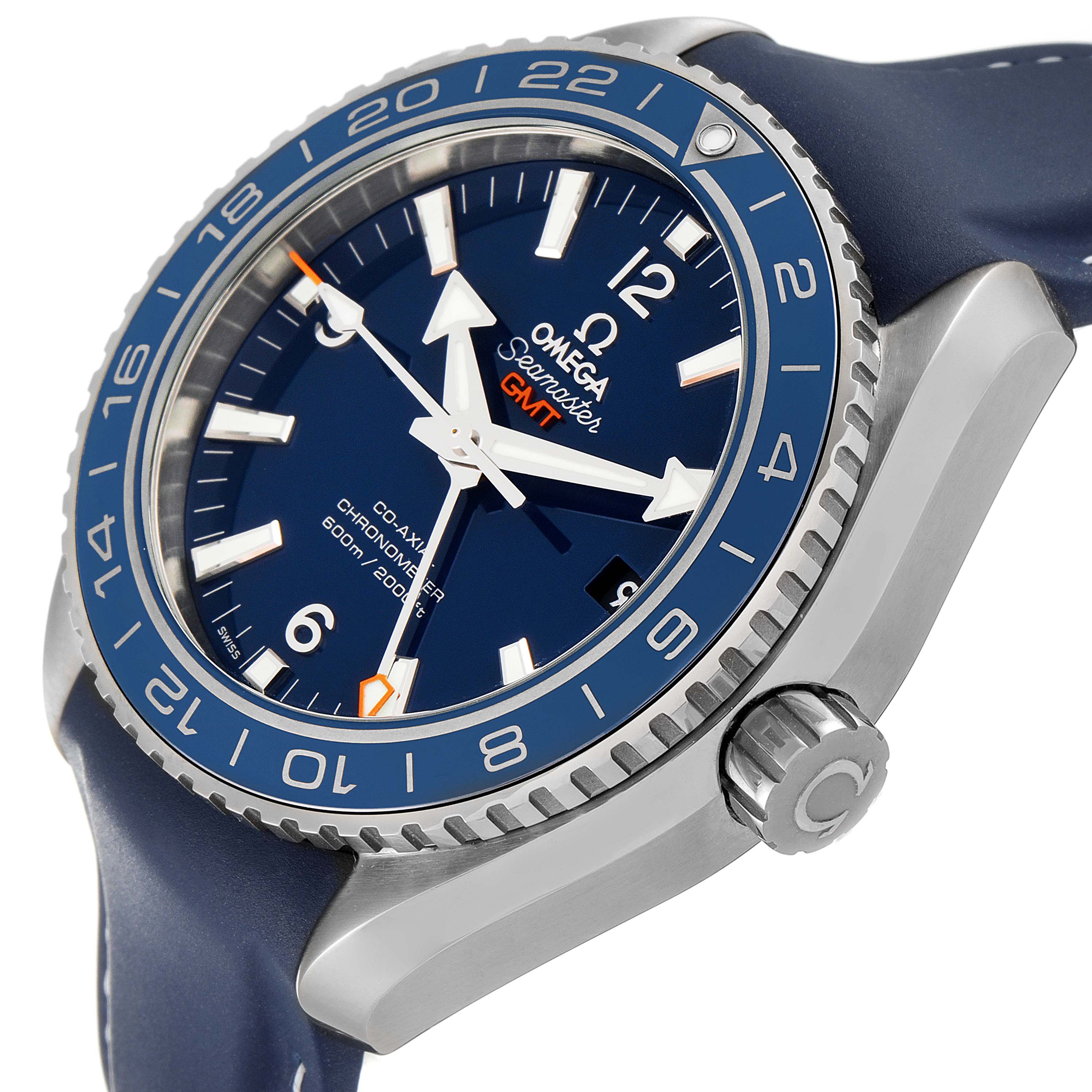 This image shows a close-up side angle of the Omega Planet Ocean 232.92.44.22.03.001 Men's Titanium Blue Dial 232.92.44.22.03.001 Men's Titanium Blue Dial, highlighting the bezel, crown, and part of the band.
