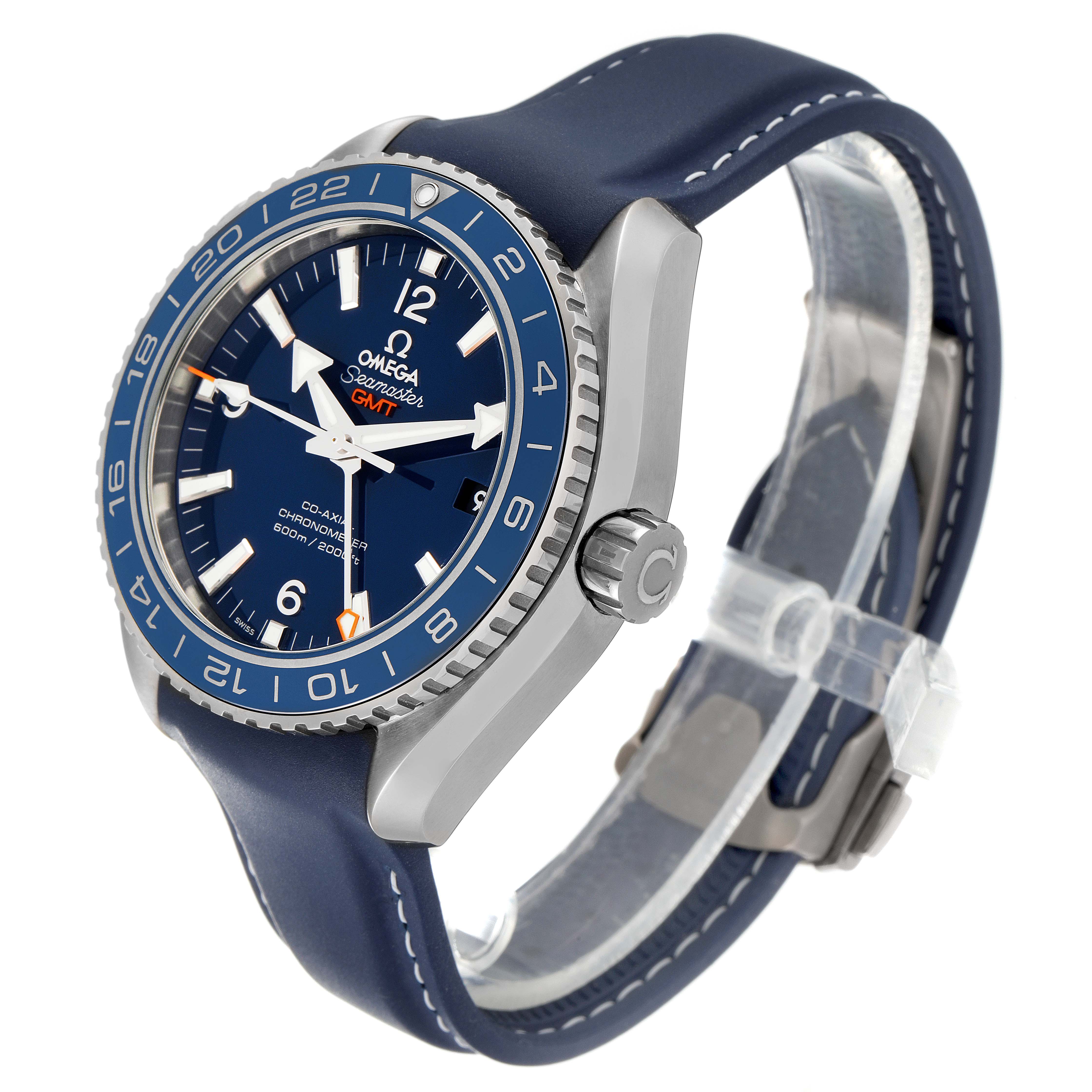 The image shows a side-angle view of the Omega Planet Ocean 232.92.44.22.03.001 Men's Titanium Blue Dial 232.92.44.22.03.001 Men's Titanium Blue Dial GMT watch, highlighting its dial, bezel, crown, and strap.