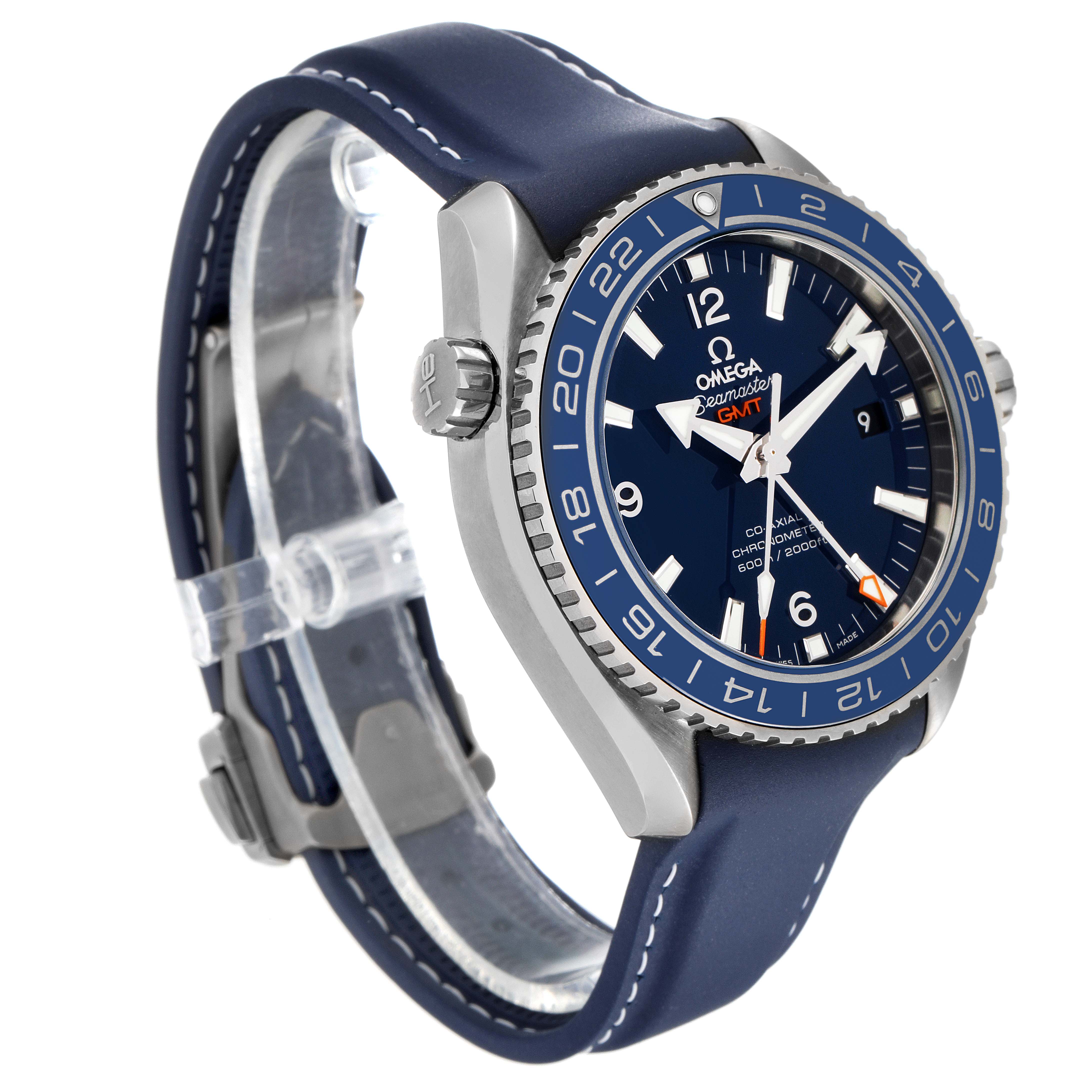 The image shows the front and slightly angled side view of the Omega Planet Ocean 232.92.44.22.03.001 Men's Titanium Blue Dial 232.92.44.22.03.001 Men's Titanium Blue Dial watch, highlighting its blue dial and strap.