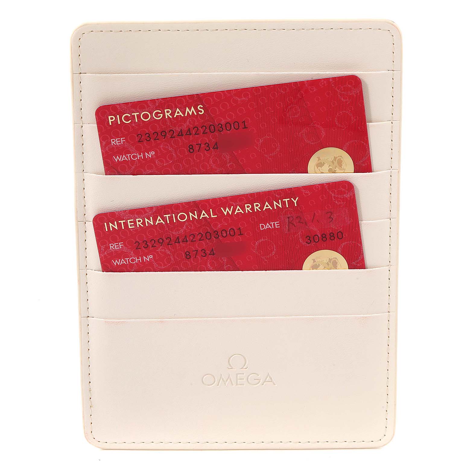 The image shows two cards for the Omega Planet Ocean 232.92.44.22.03.001 Men's Titanium Blue Dial 232.92.44.22.03.001 Men's Titanium Blue Dial watch: a Pictograms card and an International Warranty card, in a white cardholder.