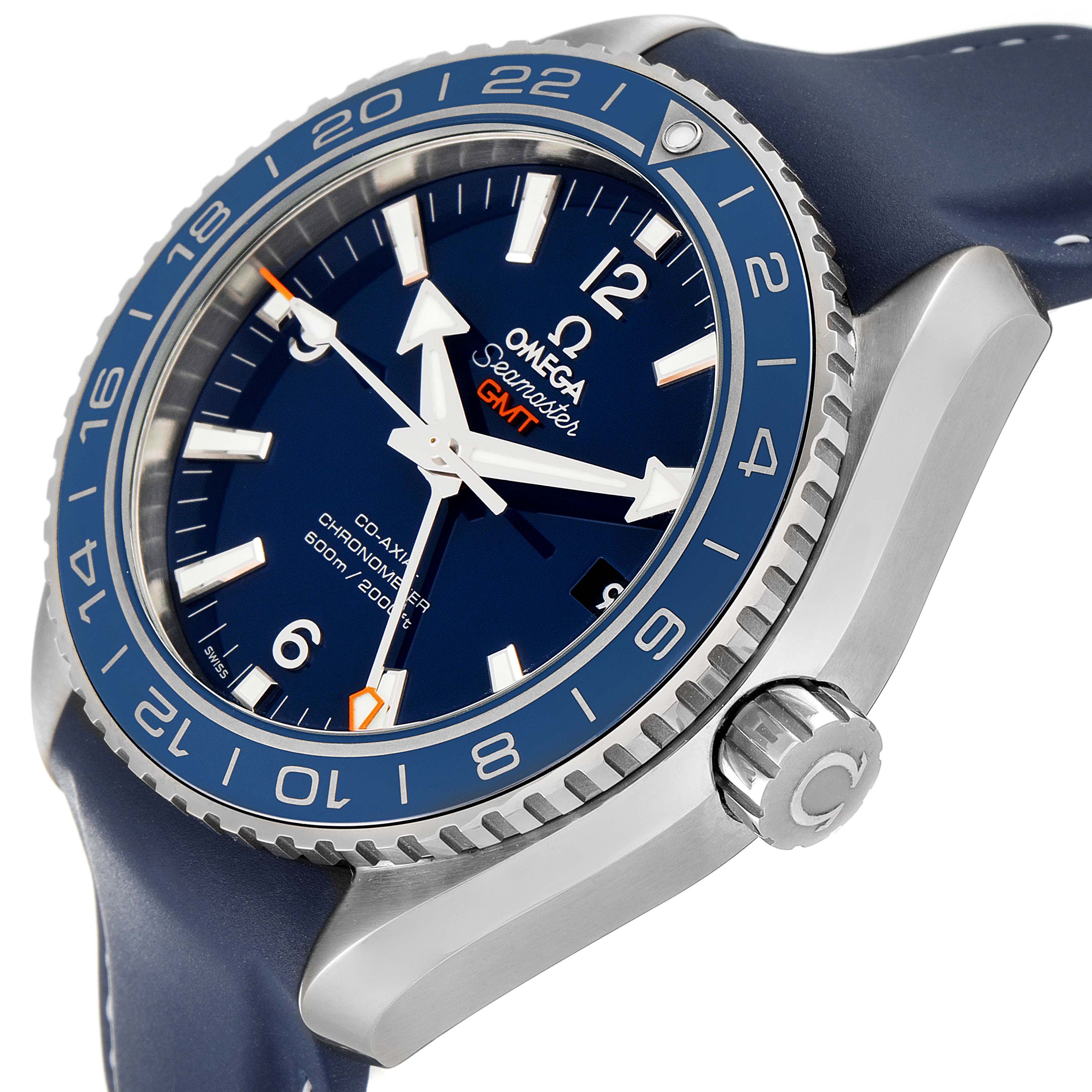 The image shows an angled view of an Omega Planet Ocean 232.92.44.22.03.001 Men's Titanium Blue Dial 232.92.44.22.03.001 Men's Titanium Blue Dial watch, highlighting the face, bezel, and crown.