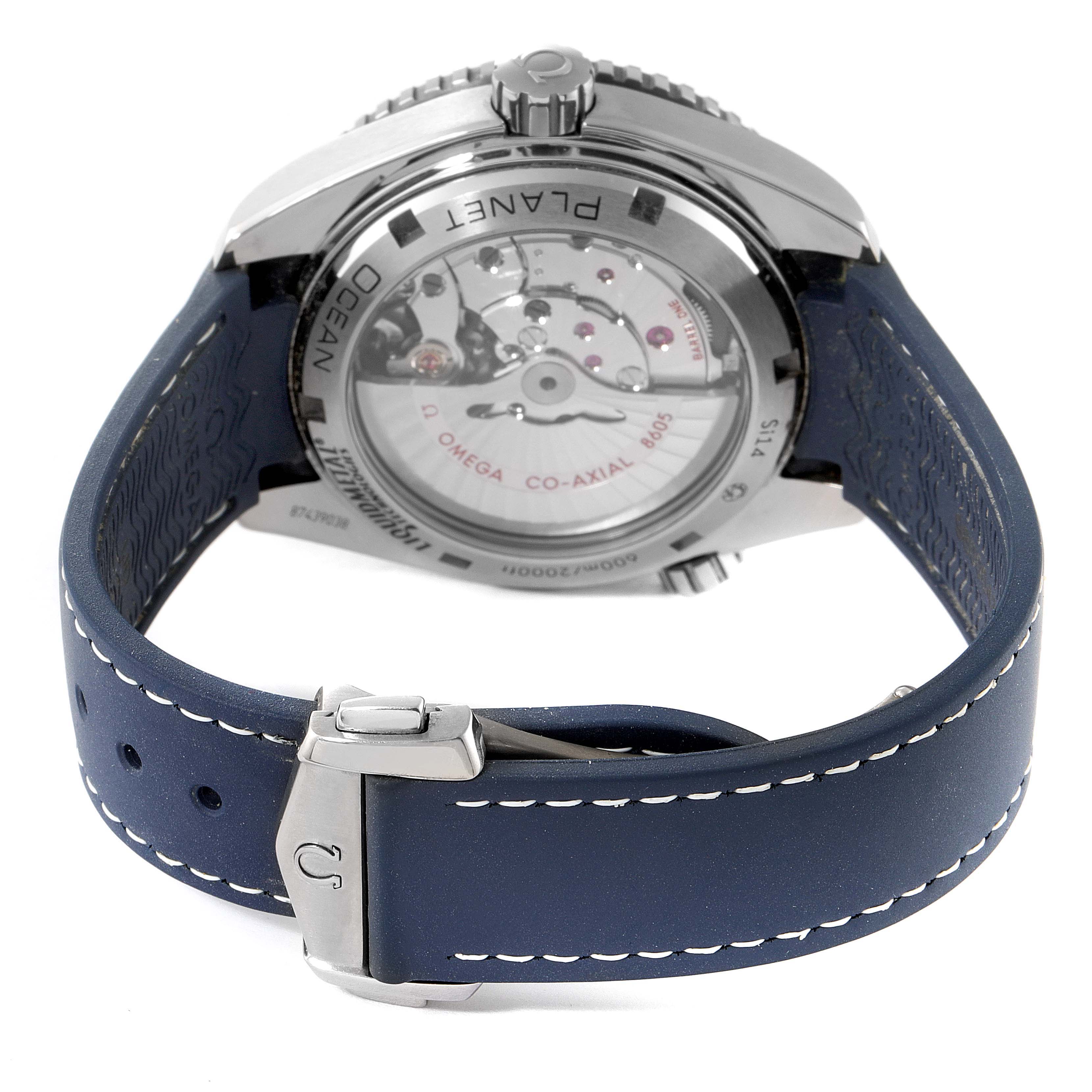 The image shows the back view of an Omega Planet Ocean 232.92.44.22.03.001 Men's Titanium Blue Dial 232.92.44.22.03.001 Men's Titanium Blue Dial watch, highlighting the transparent case back and the blue strap with stitching.