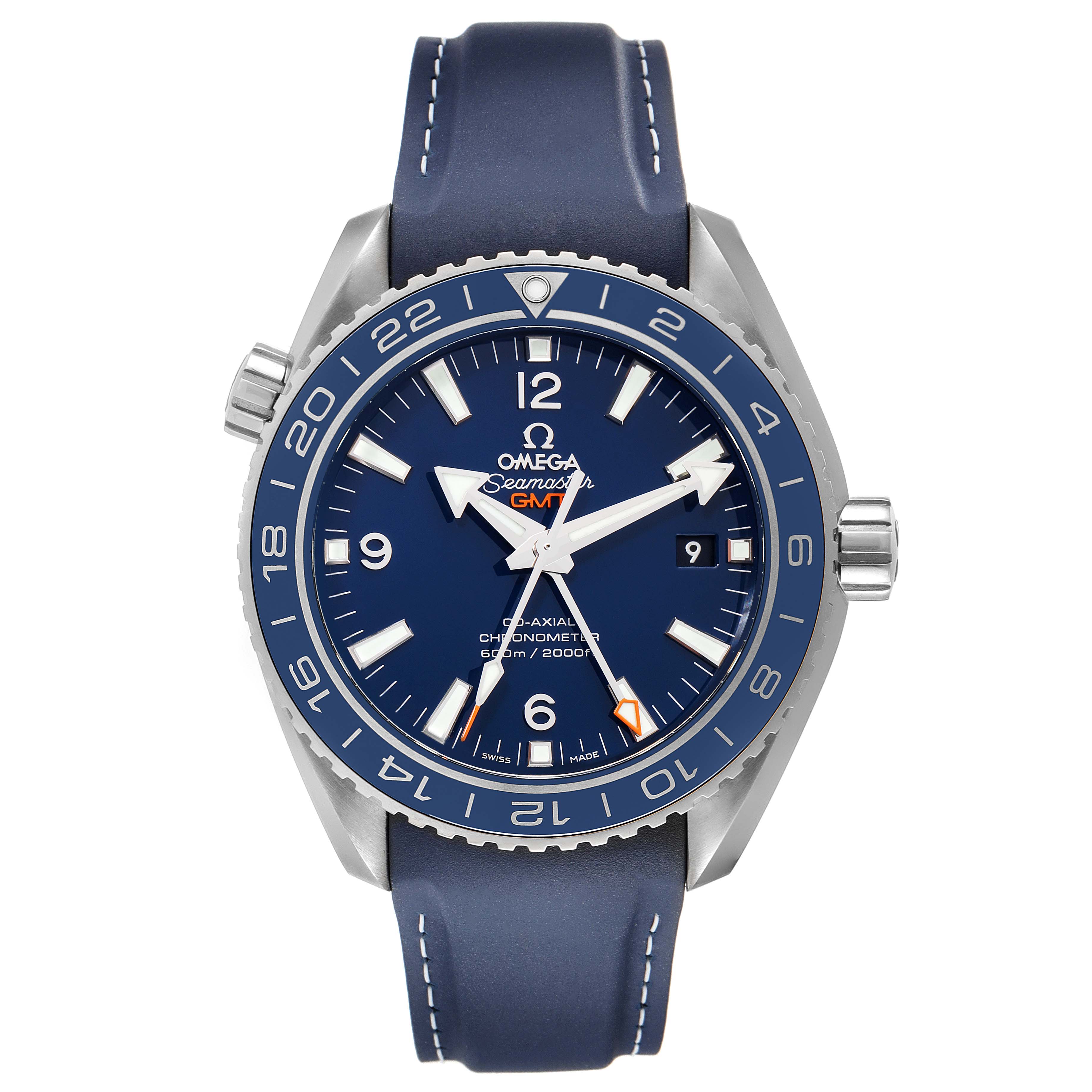 The image shows a front view of the Omega Planet Ocean 232.92.44.22.03.001 Men's Titanium Blue Dial 232.92.44.22.03.001 Men's Titanium Blue Dial watch, showcasing its dial, bezel, crown, and strap.