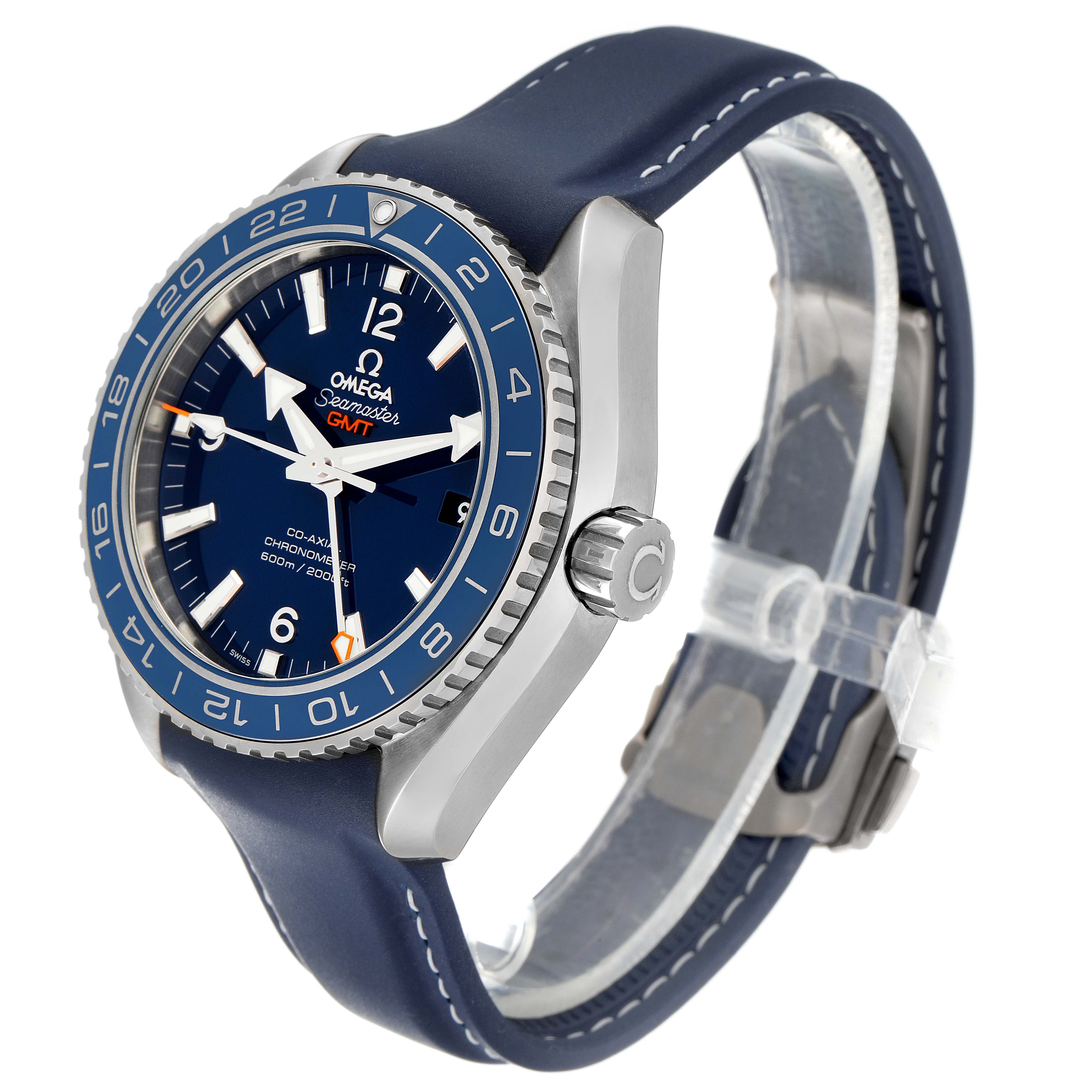 The image shows a side angle view of the Omega Planet Ocean 232.92.44.22.03.001 Men's Titanium Blue Dial 232.92.44.22.03.001 Men's Titanium Blue Dial watch, showcasing the dial, bezel, crown, and strap.