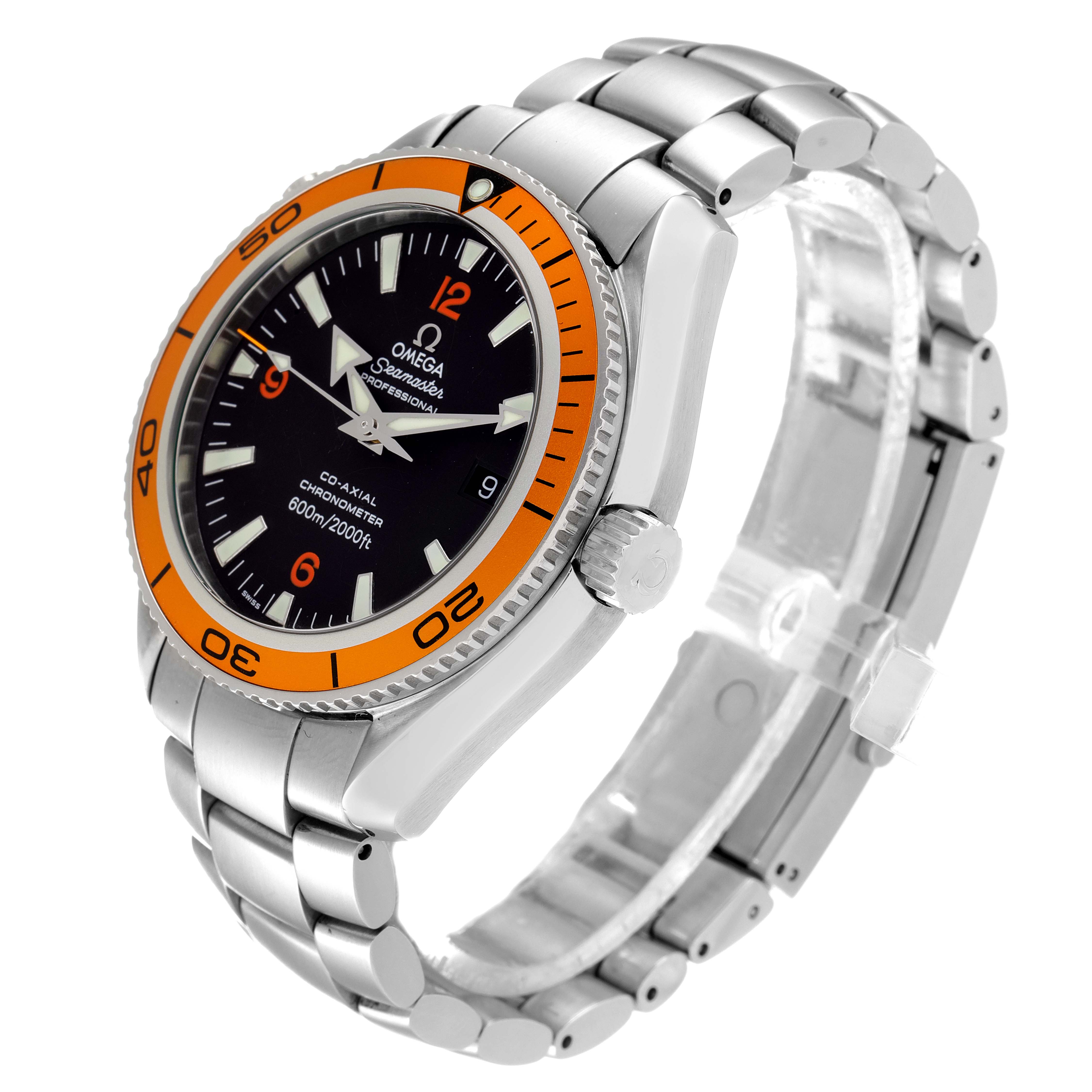 The image shows an Omega Planet Ocean 2209.50.00 Men's Stainless Steel Black Dial 2209.50.00 Men's Stainless Steel Black Dial watch at a tilted angle, highlighting the orange bezel and metal bracelet.
