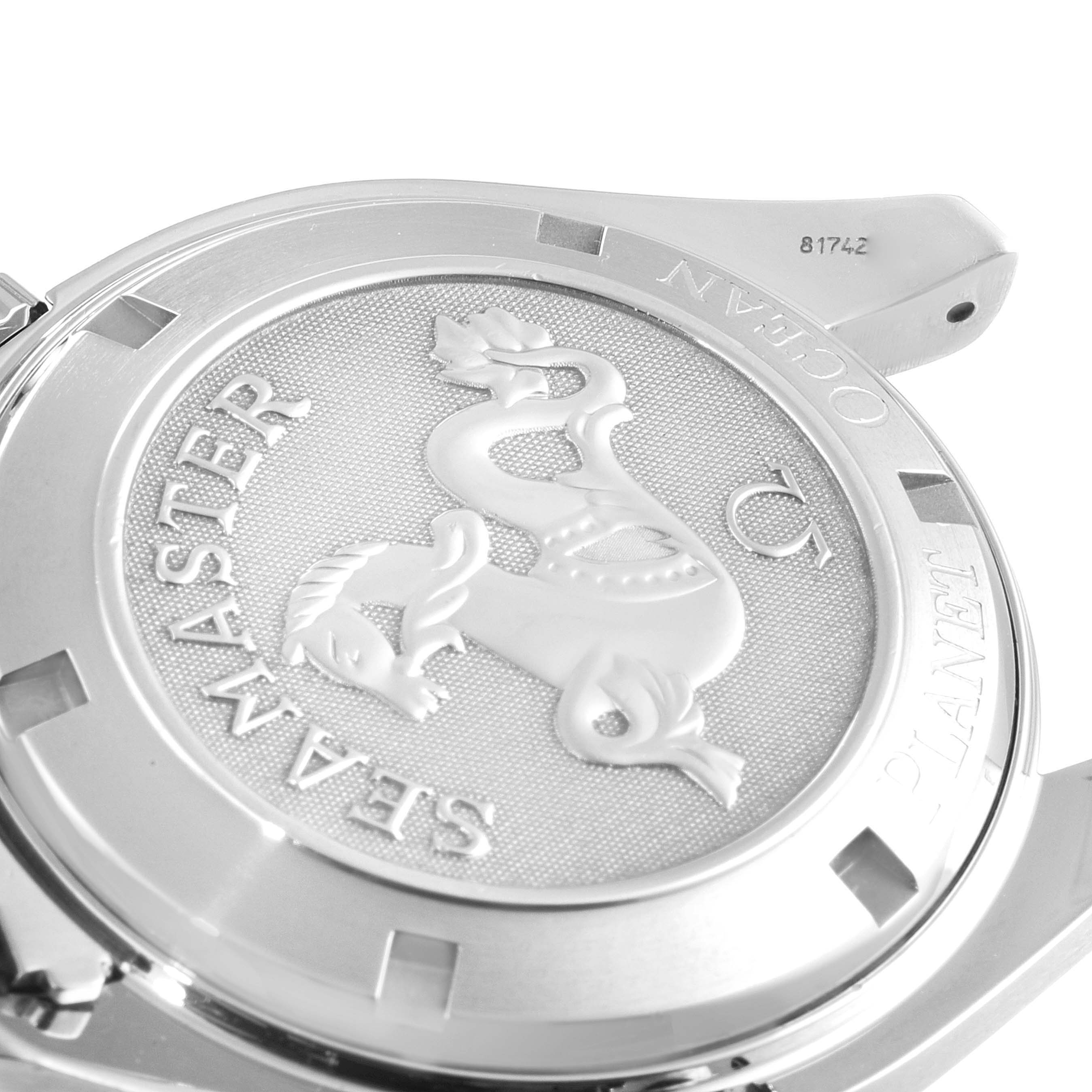 This is a close-up of the case back of the Omega Planet Ocean 2209.50.00 Men's Stainless Steel Black Dial 2209.50.00 Men's Stainless Steel Black Dial watch, showing the Seamaster logo and engravings.