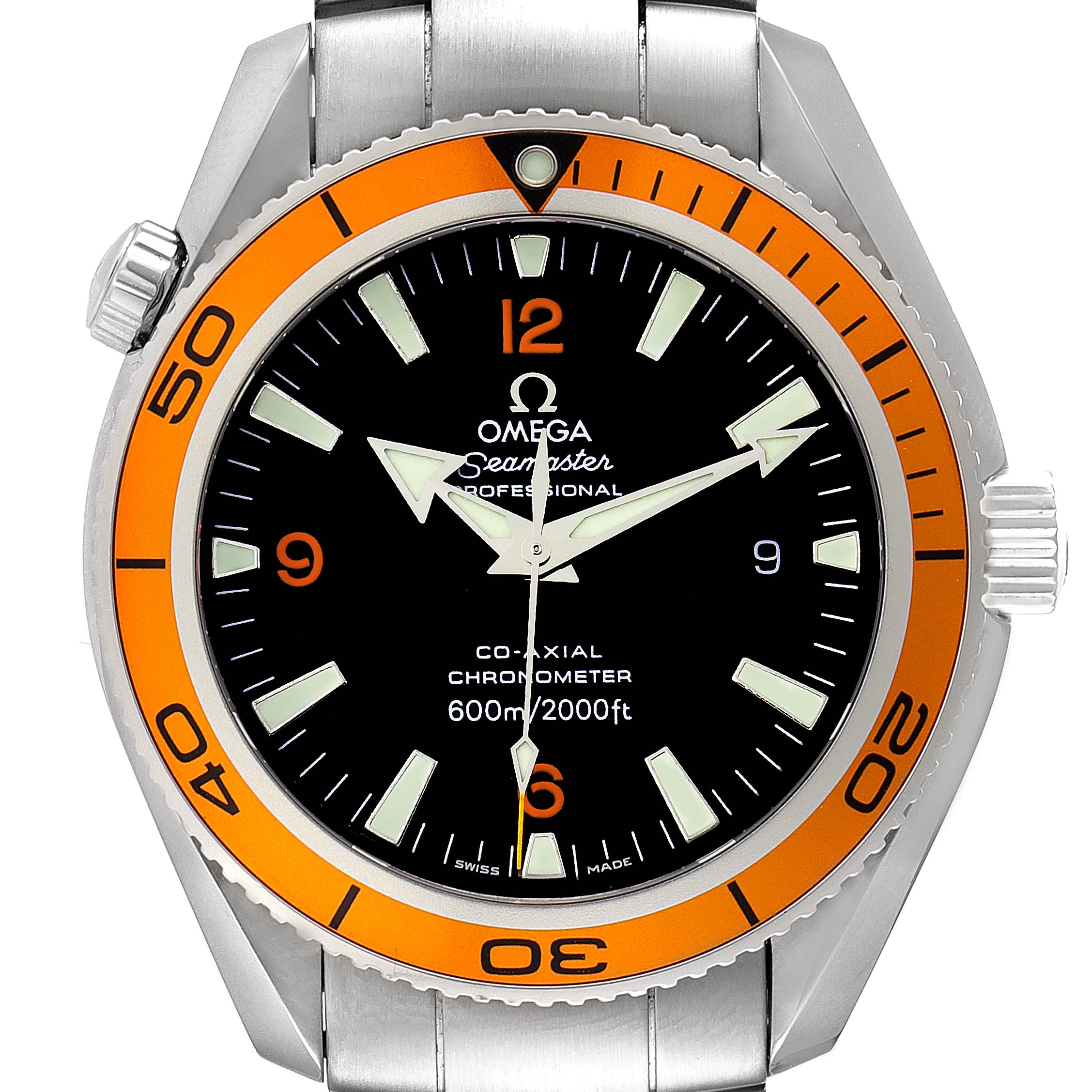 This image shows the front view of the Omega Planet Ocean 2209.50.00 Men's Stainless Steel Black Dial 2209.50.00 Men's Stainless Steel Black Dial, highlighting the dial, bezel, and part of the bracelet.