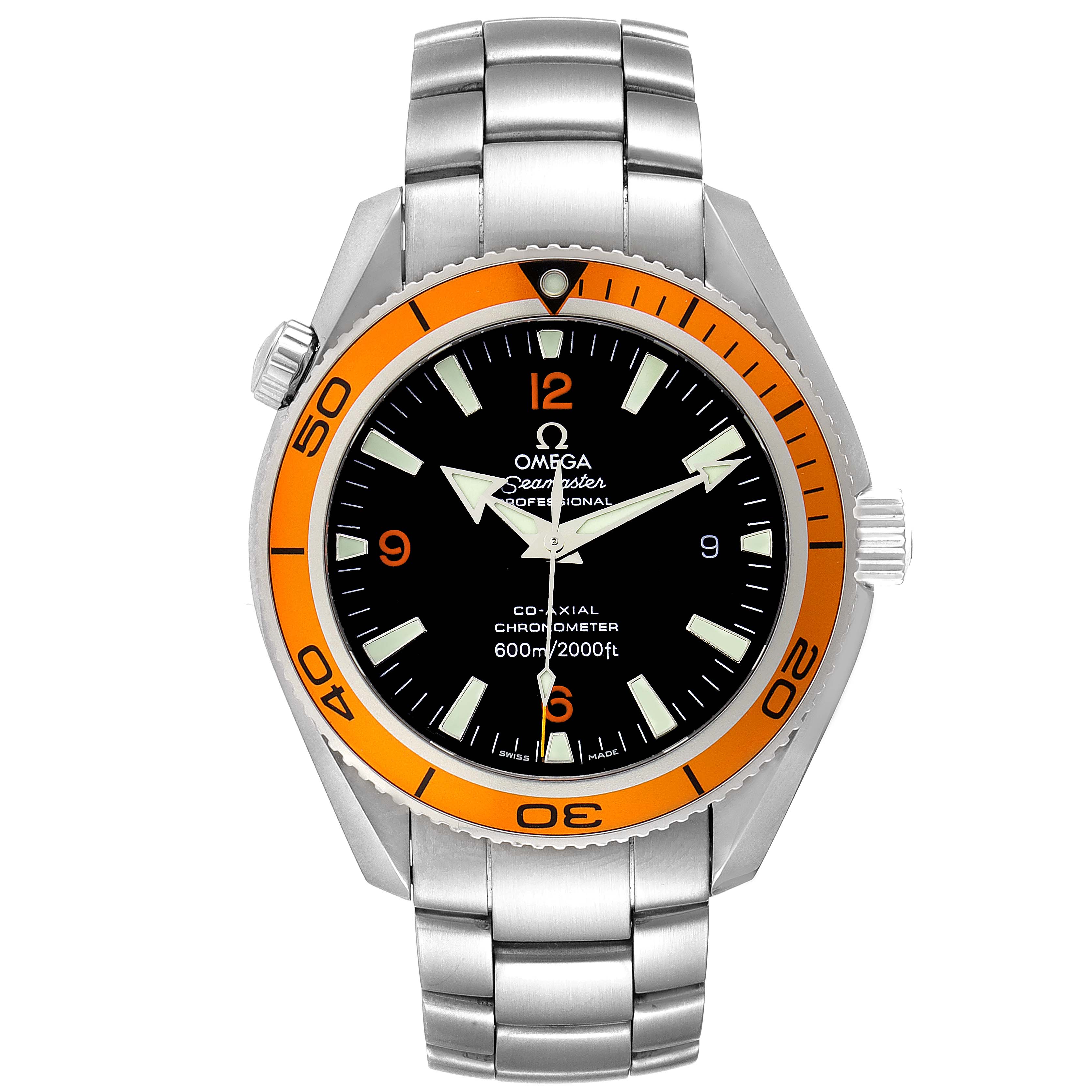 The image shows the front view of an Omega Planet Ocean 2209.50.00 Men's Stainless Steel Black Dial 2209.50.00 Men's Stainless Steel Black Dial model watch with a stainless steel bracelet and an orange bezel.