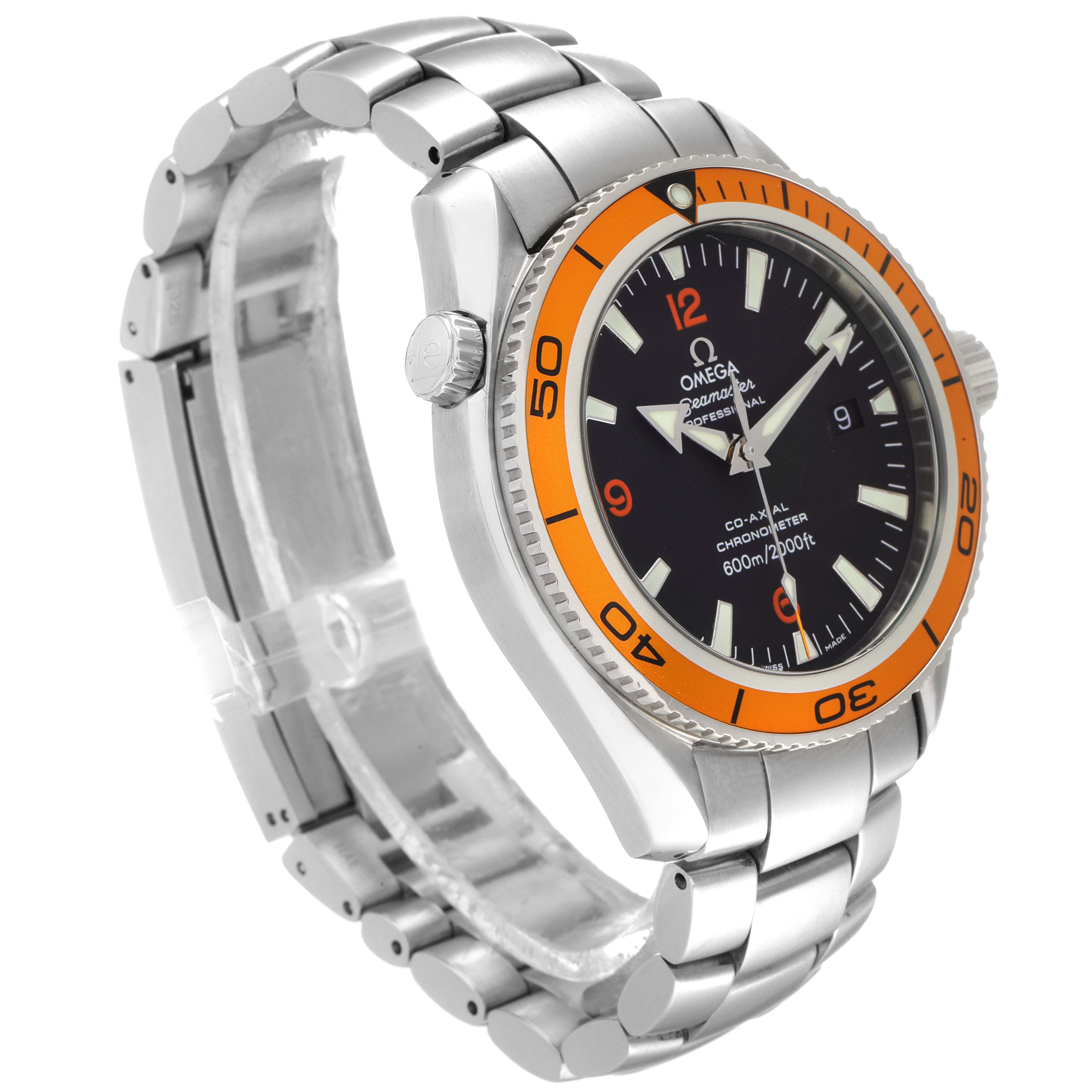 The image shows a side view of the Omega Planet Ocean 2209.50.00 Men's Stainless Steel Black Dial 2209.50.00 Men's Stainless Steel Black Dial watch, highlighting the bracelet, bezel, case, and dial.