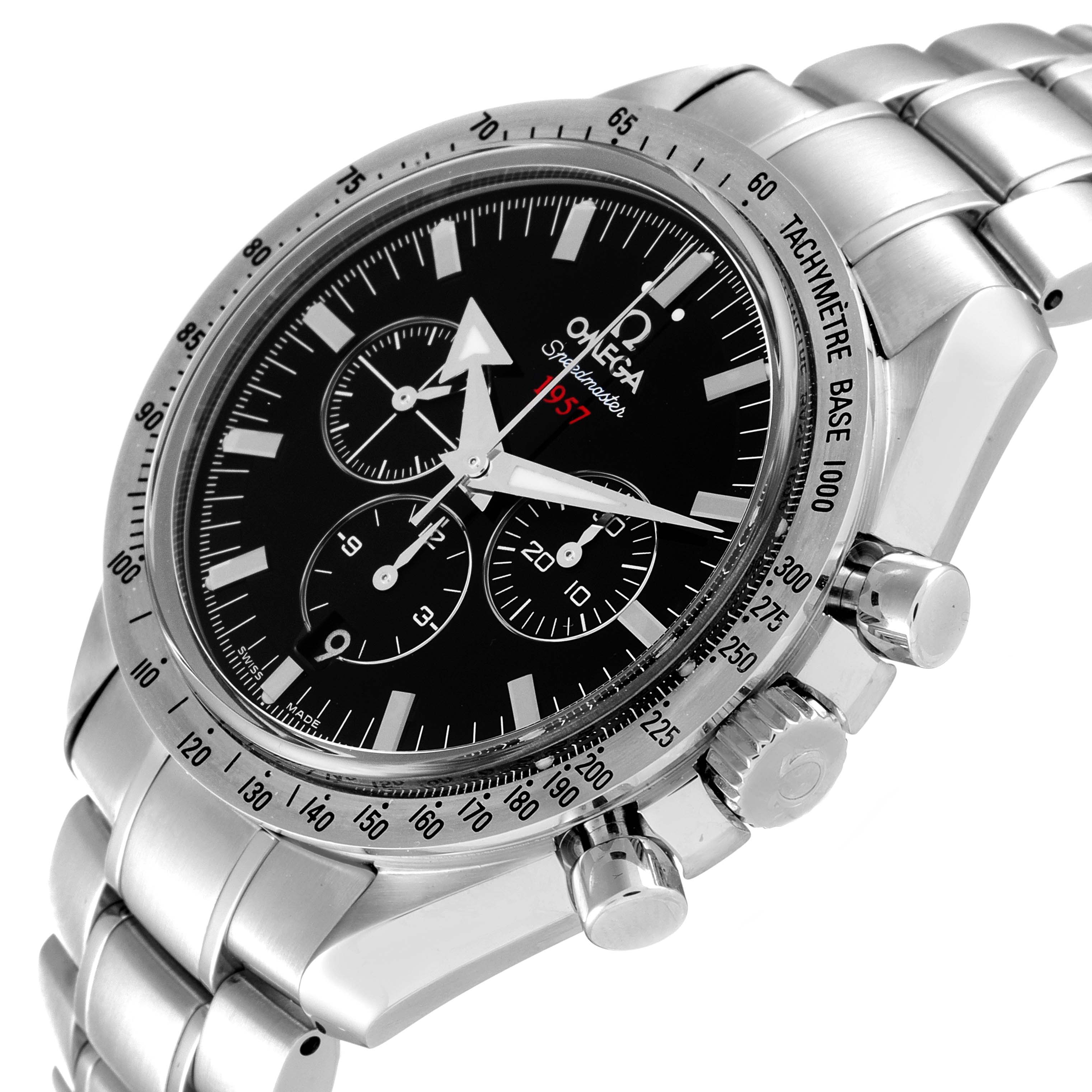 This image shows an Omega Speedmaster 321.10.42.50.01.001 Men
s Stainless Steel Black Dial 321.10.42.50.01.001 Men
s Stainless Steel Black Dial watch from an oblique angle, highlighting the face, tachymeter bezel, and chronograph pushers.