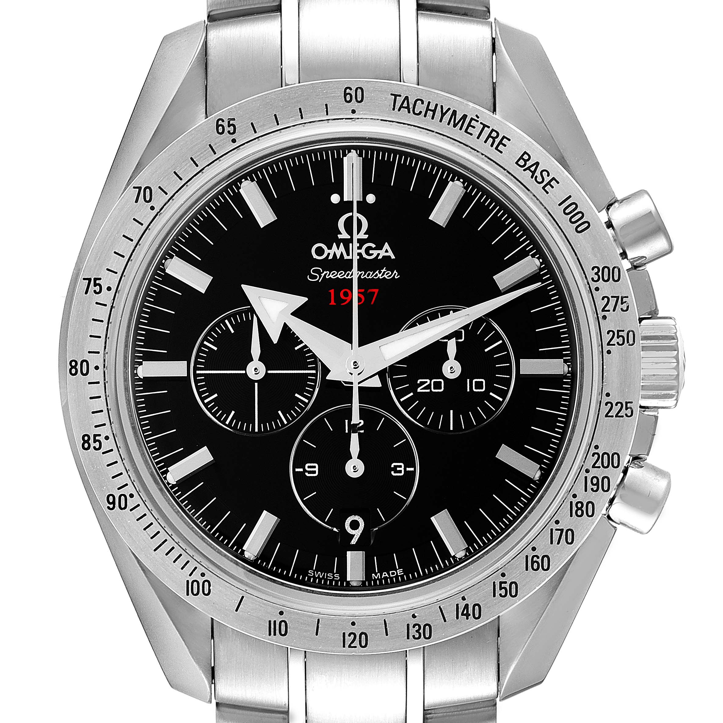 This Omega Speedmaster 321.10.42.50.01.001 Men
s Stainless Steel Black Dial 321.10.42.50.01.001 Men
s Stainless Steel Black Dial watch is shown from a front angle, highlighting the tachymeter bezel, chronograph sub-dials, and stainless steel bracelet.