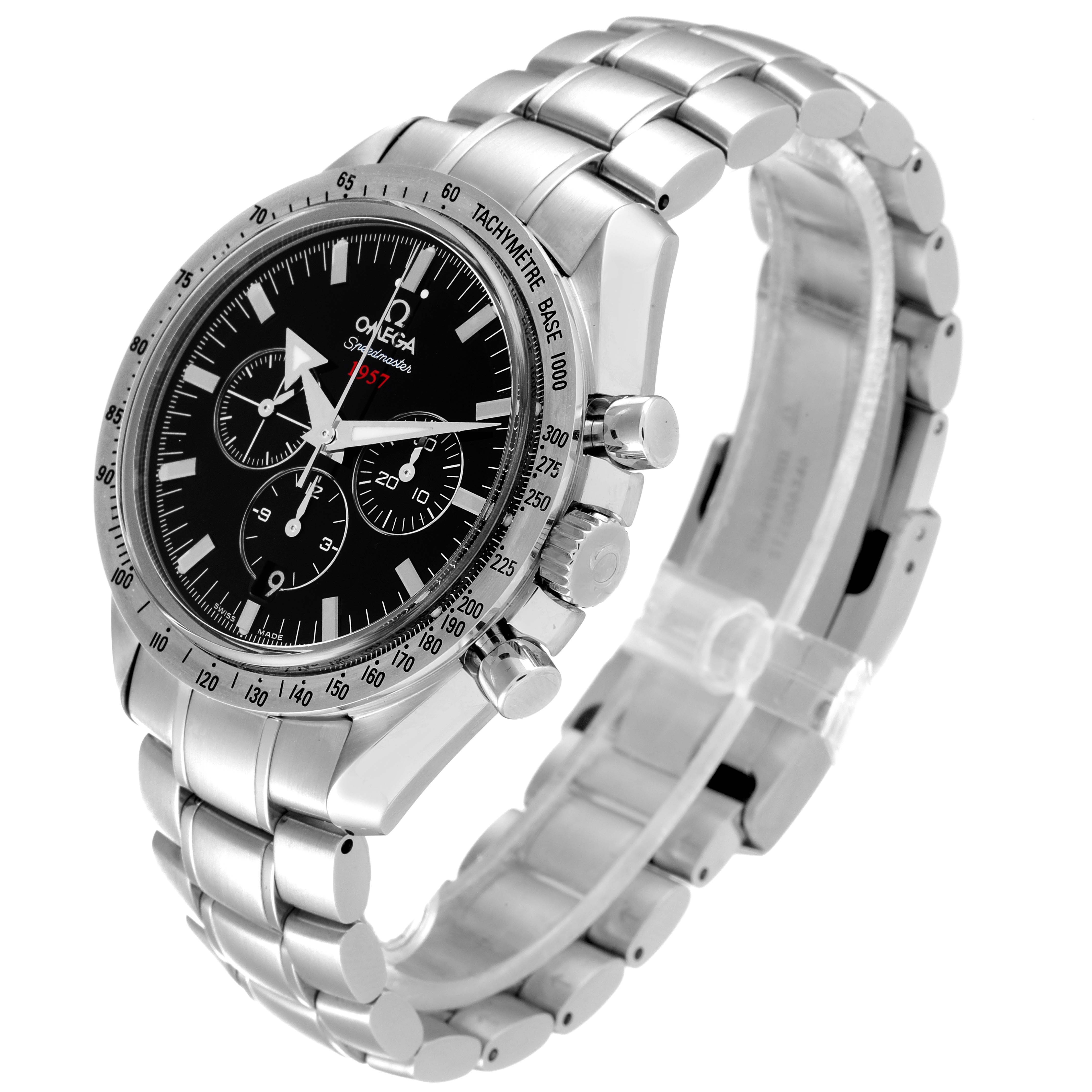The image shows a side angle view of the Omega Speedmaster 321.10.42.50.01.001 Men
s Stainless Steel Black Dial 321.10.42.50.01.001 Men
s Stainless Steel Black Dial watch, highlighting the bracelet, bezel, and chronograph dials.