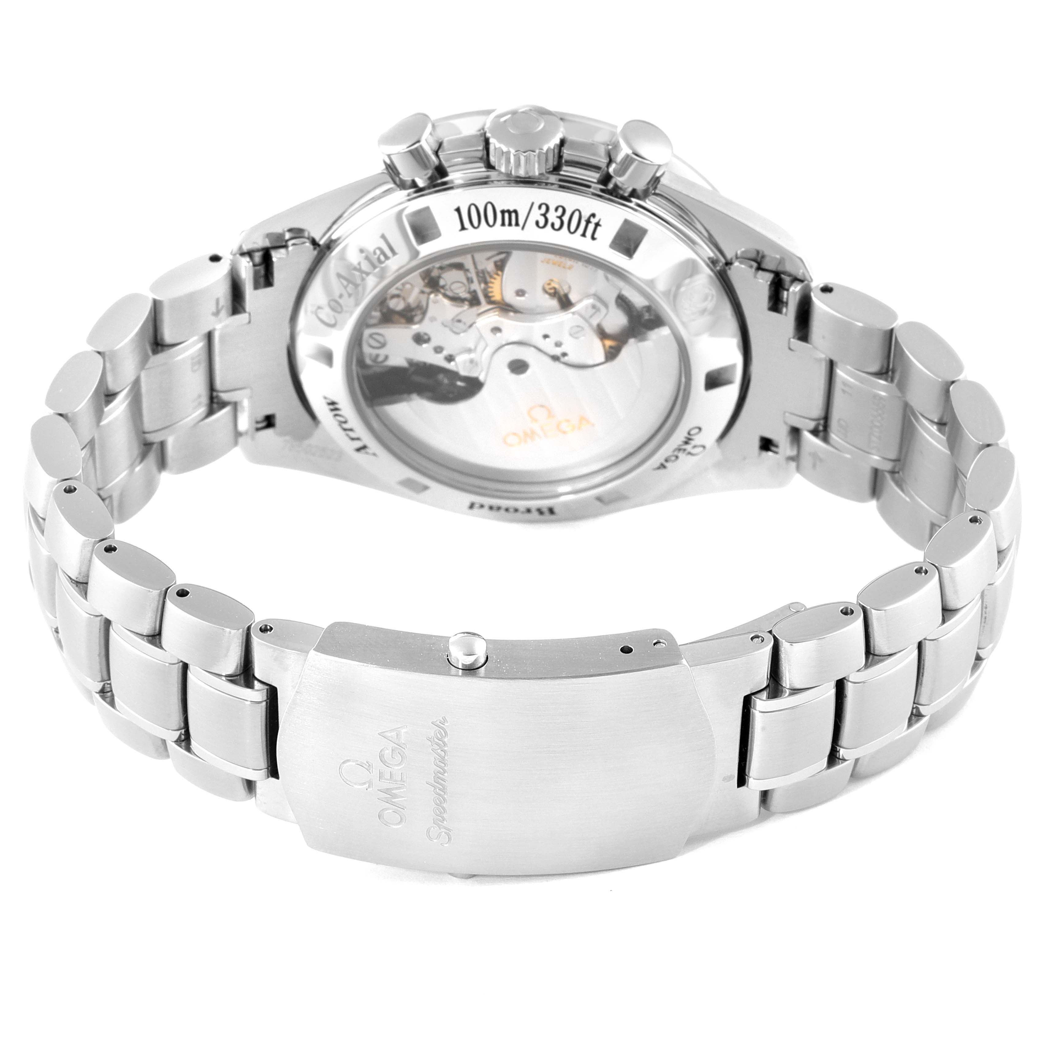 The image displays the back and the bracelet of an Omega Speedmaster 321.10.42.50.01.001 Men
s Stainless Steel Black Dial 321.10.42.50.01.001 Men
s Stainless Steel Black Dial watch, showcasing its clasp and transparent case back.