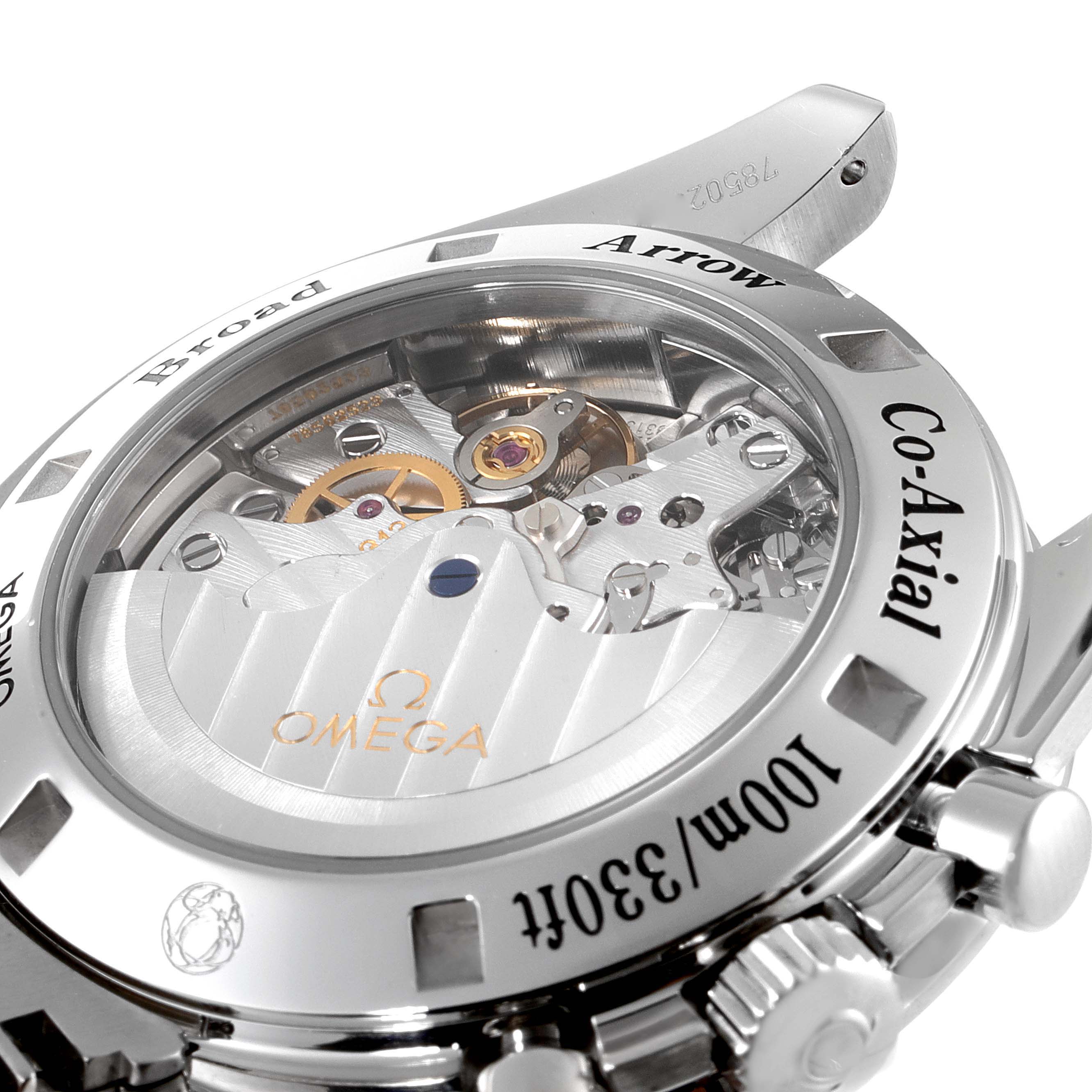 This image shows the back of an Omega Speedmaster 321.10.42.50.01.001 Men
s Stainless Steel Black Dial 321.10.42.50.01.001 Men
s Stainless Steel Black Dial watch, highlighting its Co-Axial movement and transparent case back.