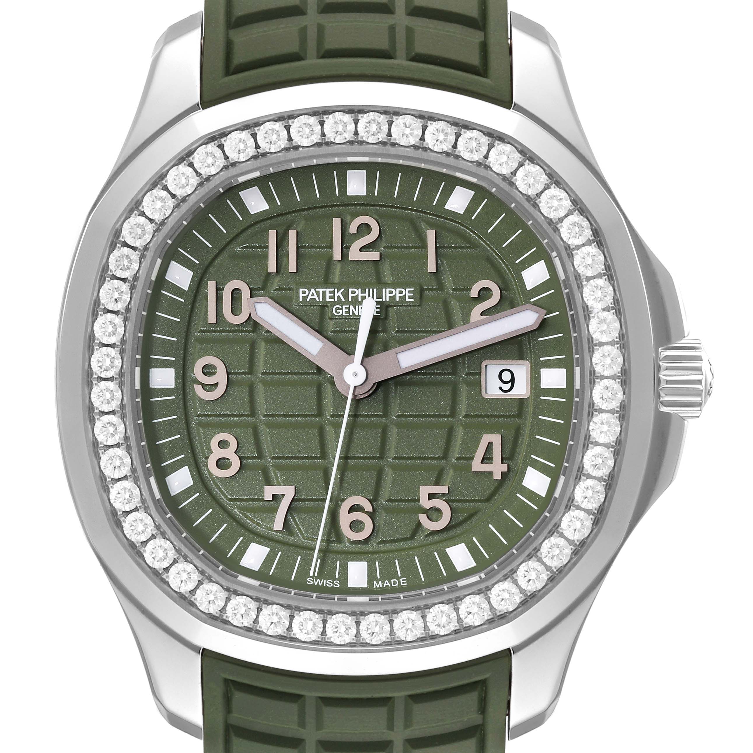 The image shows a front view of the Patek Philippe Aquanaut 5267/200A - 011 Men's Stainless Steel Green Dial 5267/200A - 011 Men's Stainless Steel Green Dial watch, highlighting its green dial, diamond bezel, and rubber strap.