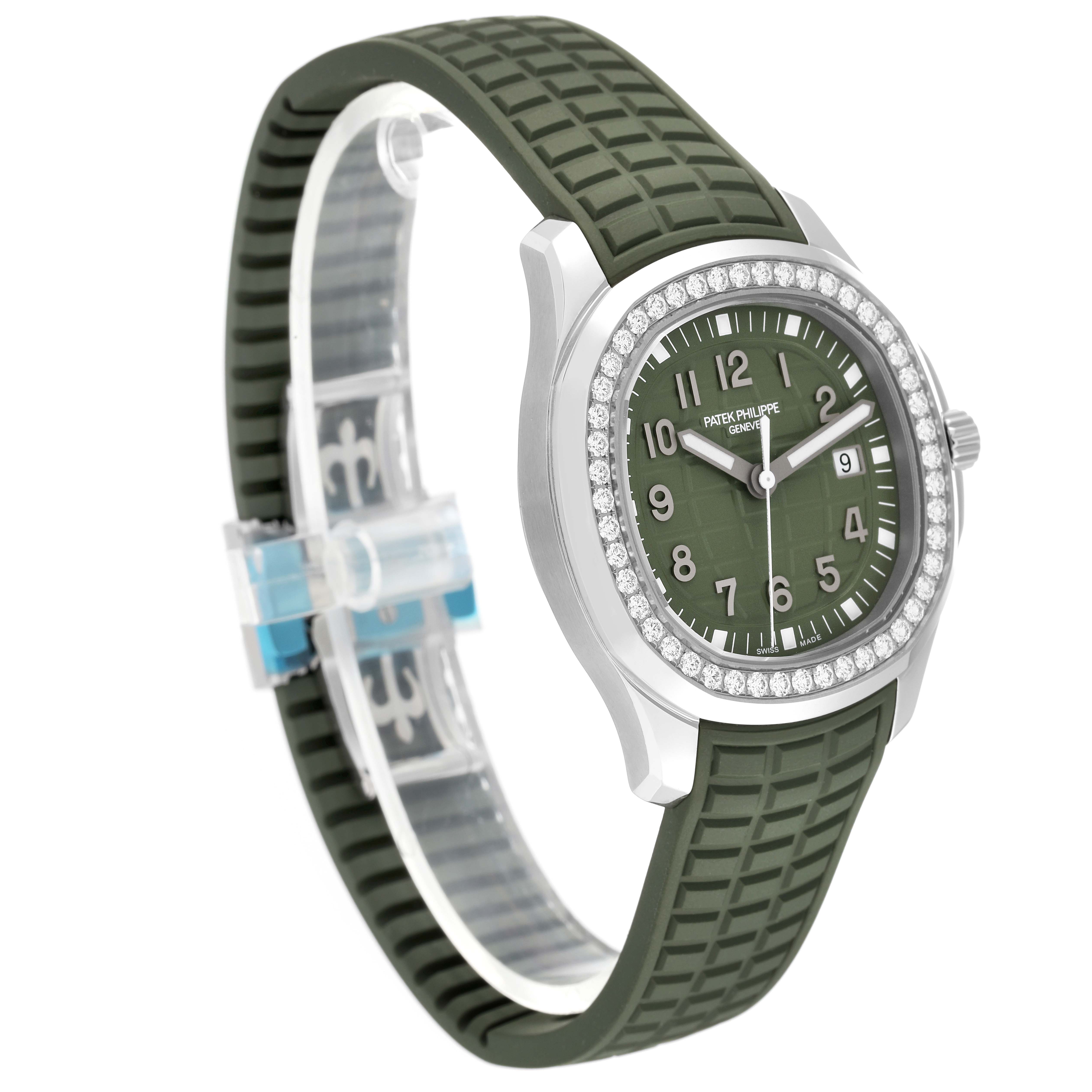 The Patek Philippe Aquanaut 5267/200A - 011 Men's Stainless Steel Green Dial 5267/200A - 011 Men's Stainless Steel Green Dial watch is shown at an angled view, displaying its green dial, rubber strap, and diamond-encrusted bezel.
