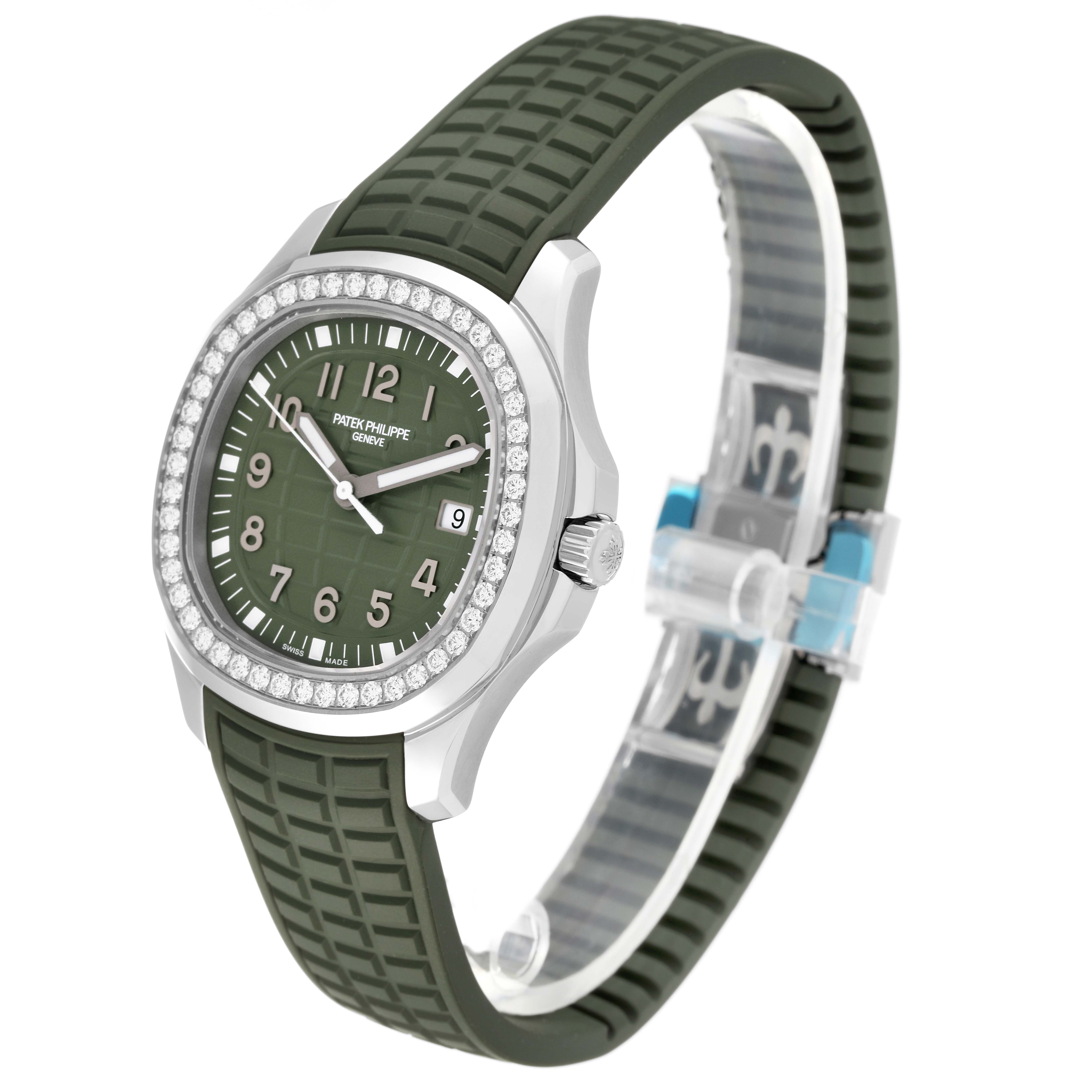 The image shows a side view of a Patek Philippe Aquanaut 5267/200A - 011 Men's Stainless Steel Green Dial 5267/200A - 011 Men's Stainless Steel Green Dial watch with a green strap, diamond bezel, and visible crown.