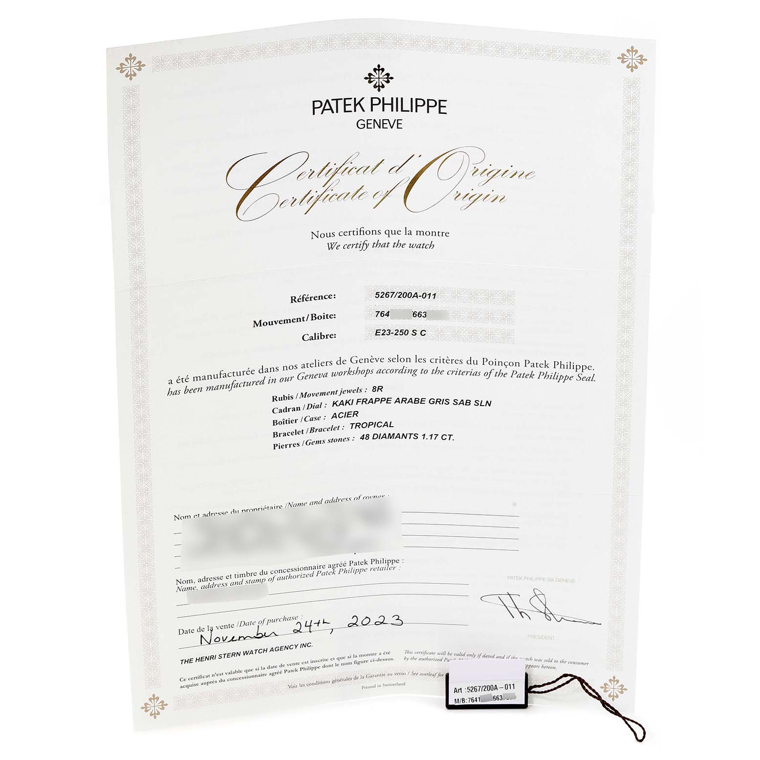 The image shows a Certificate of Origin for the Aquanaut model by Patek Philippe.