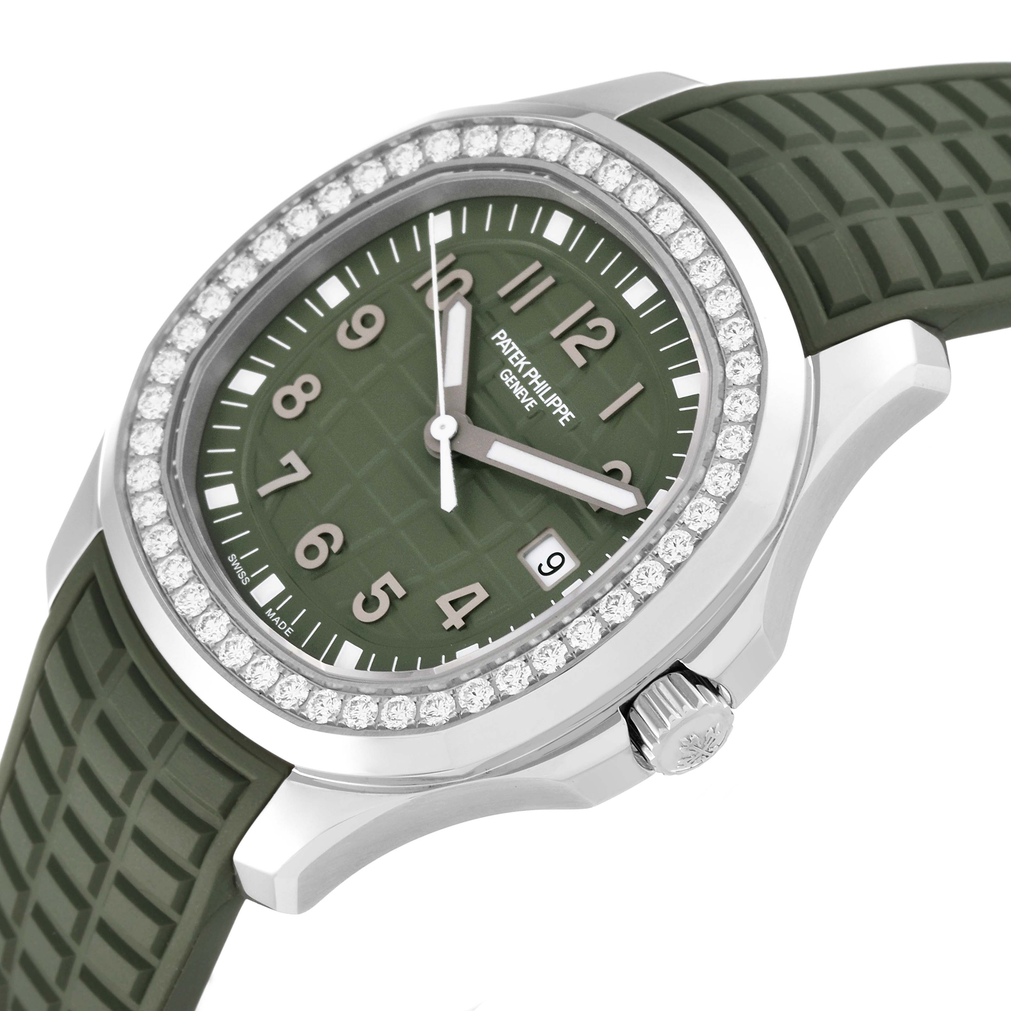 This image shows a side angle of a Patek Philippe Aquanaut 5267/200A - 011 Men's Stainless Steel Green Dial 5267/200A - 011 Men's Stainless Steel Green Dial watch, highlighting the dial, bezel, and crown.