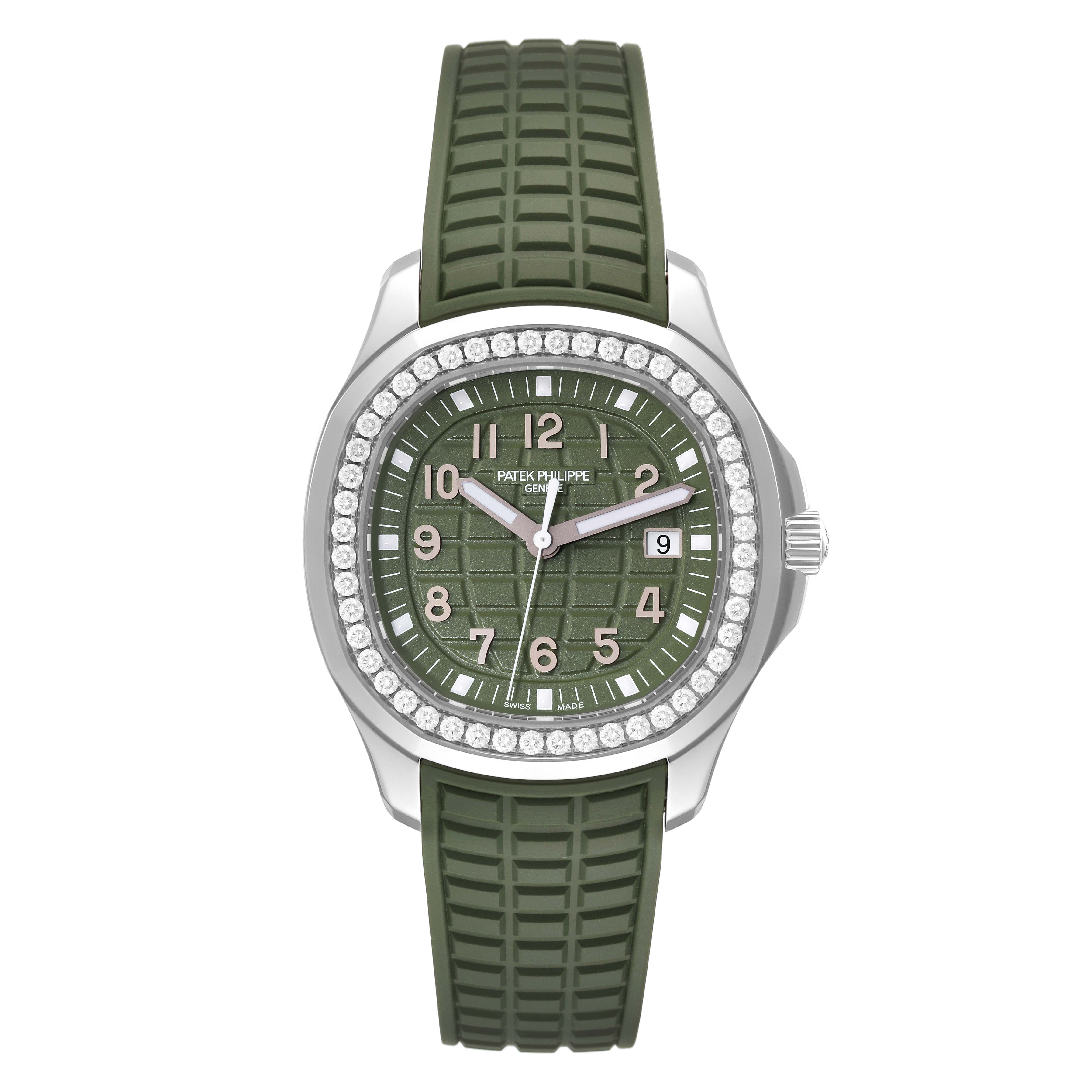 This image shows the front view of a Patek Philippe Aquanaut 5267/200A - 011 Men's Stainless Steel Green Dial 5267/200A - 011 Men's Stainless Steel Green Dial watch with a green dial and rubber strap.