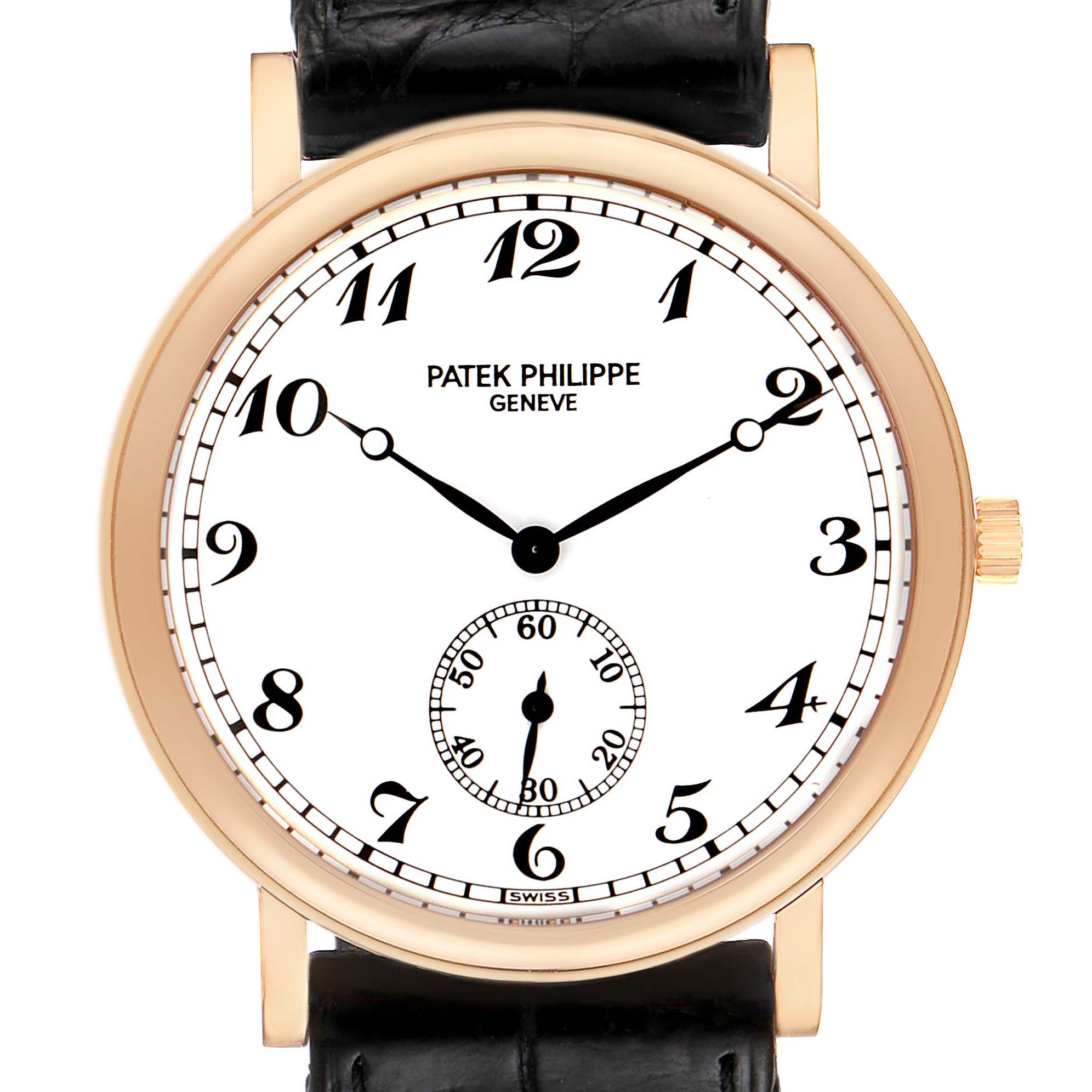 This image shows a front view of a Patek Philippe Calatrava 5022R Men's Rose Gold White Dial 5022R Men's Rose Gold White Dial watch, highlighting its face, hands, numerals, and crown.