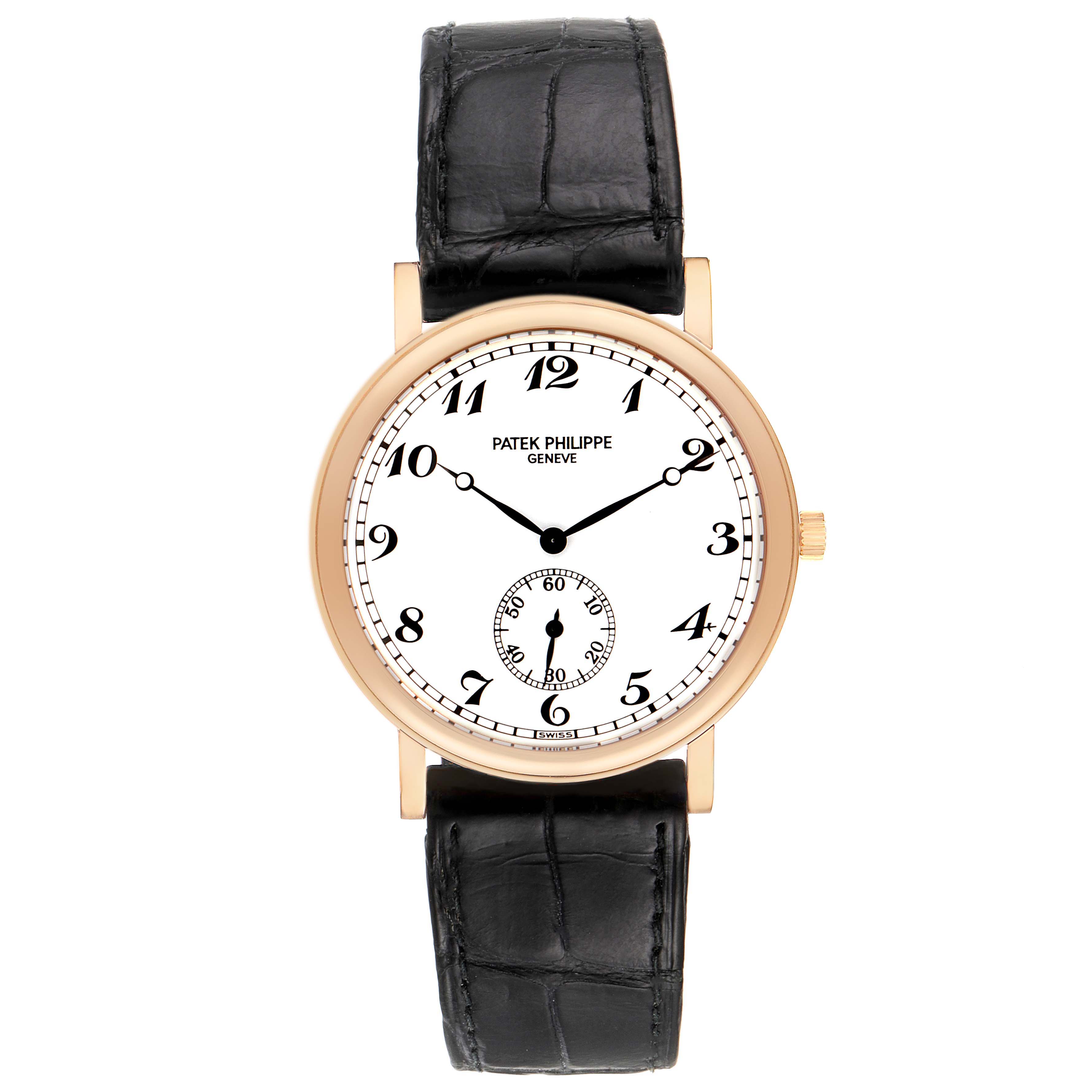 The Patek Philippe Calatrava 5022R Men's Rose Gold White Dial 5022R Men's Rose Gold White Dial watch is shown from the front, displaying its dial, case, and black leather strap.