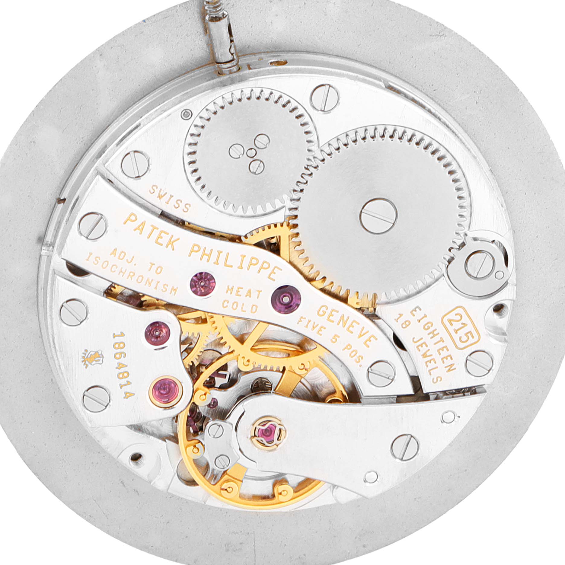 This image shows the intricate movement mechanism of the Patek Philippe Calatrava 5022R Men's Rose Gold White Dial 5022R Men's Rose Gold White Dial watch model viewed from the back.