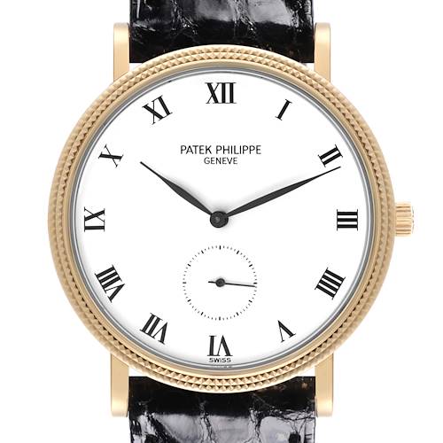 The Patek Philippe Calatrava watch is shown from a frontal angle, highlighting the face, case, and crown.