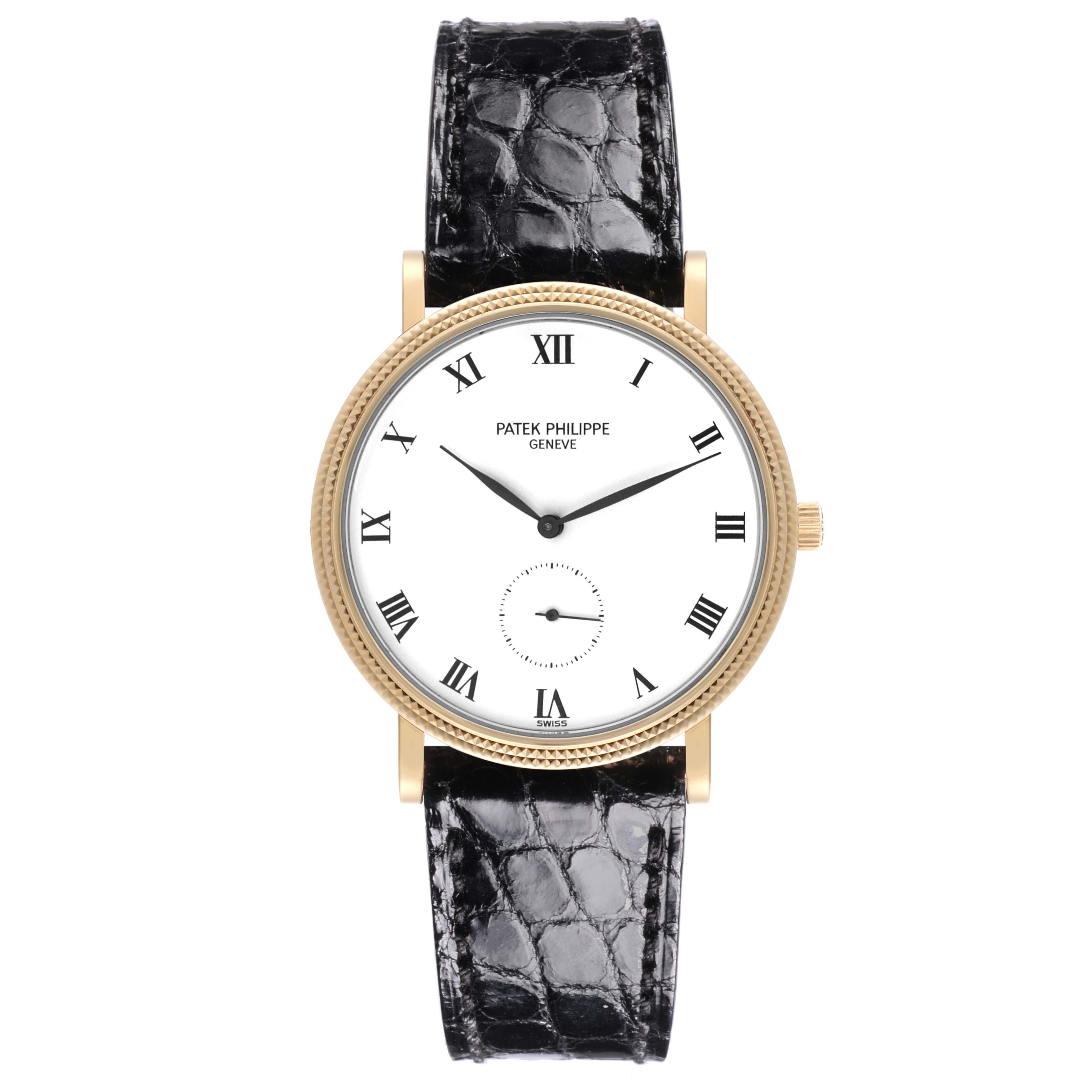 The Patek Philippe Calatrava 3919J Men's Yellow Gold White Dial 3919J Men's Yellow Gold White Dial watch is shown from the front, displaying the dial, case, and leather strap.