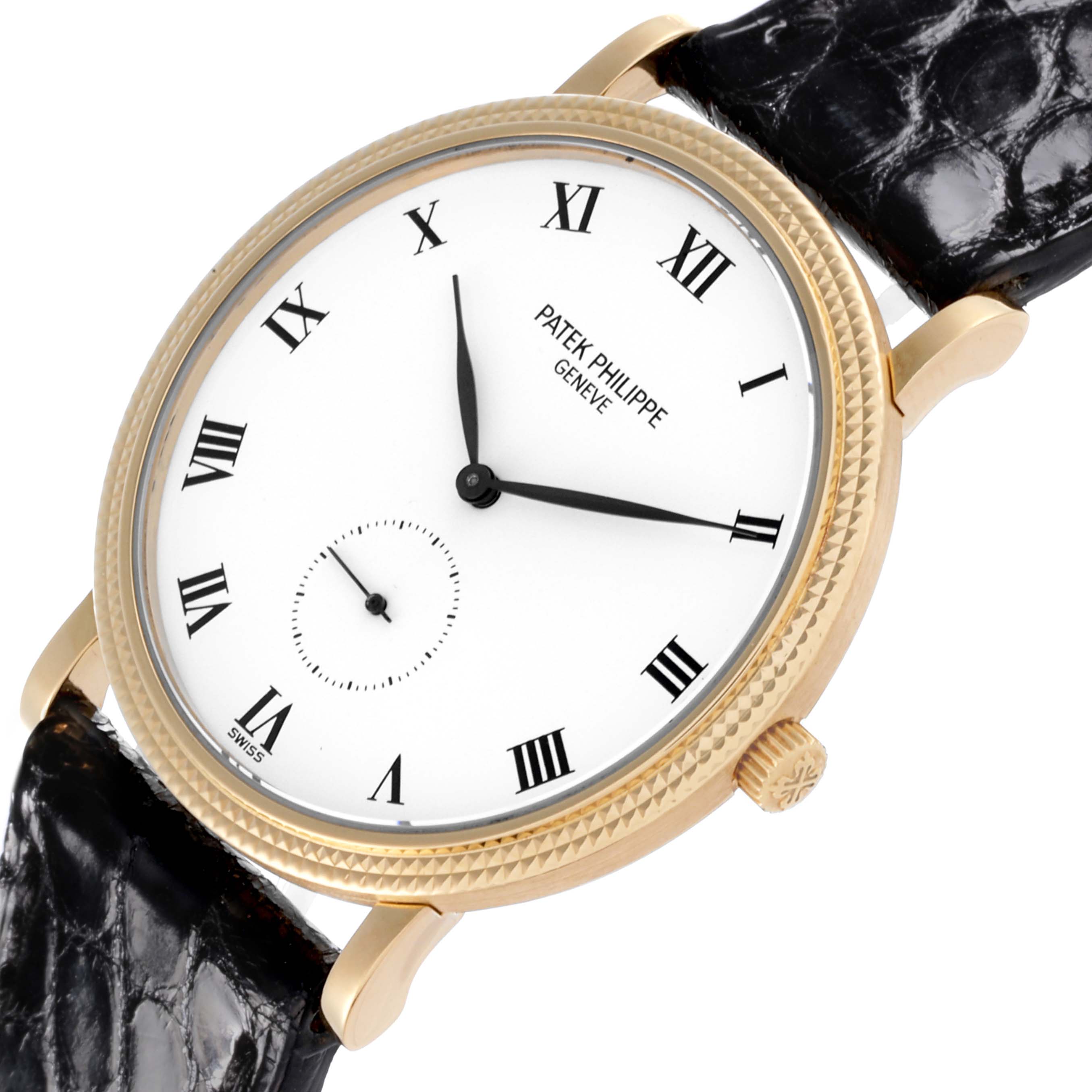 The Patek Philippe Calatrava 3919J Men's Yellow Gold White Dial 3919J Men's Yellow Gold White Dial watch is shown at an angled close-up, highlighting the dial, bezel, crown, and strap attachment.