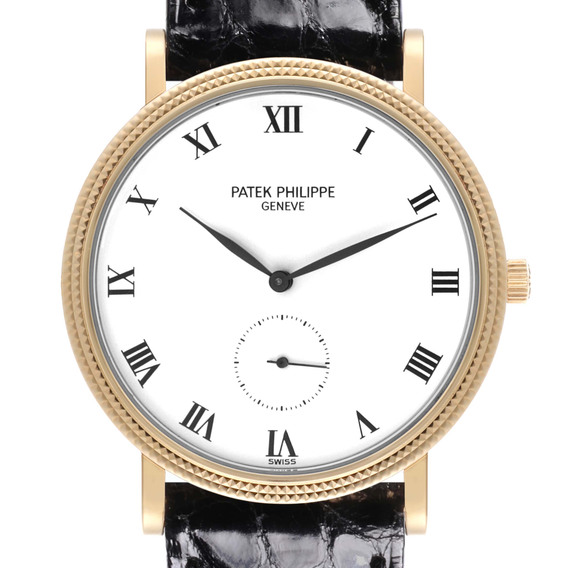 The Patek Philippe Calatrava 3919J Men's Yellow Gold White Dial 3919J Men's Yellow Gold White Dial watch is shown from a front angle, highlighting the dial, hands, and leather strap.