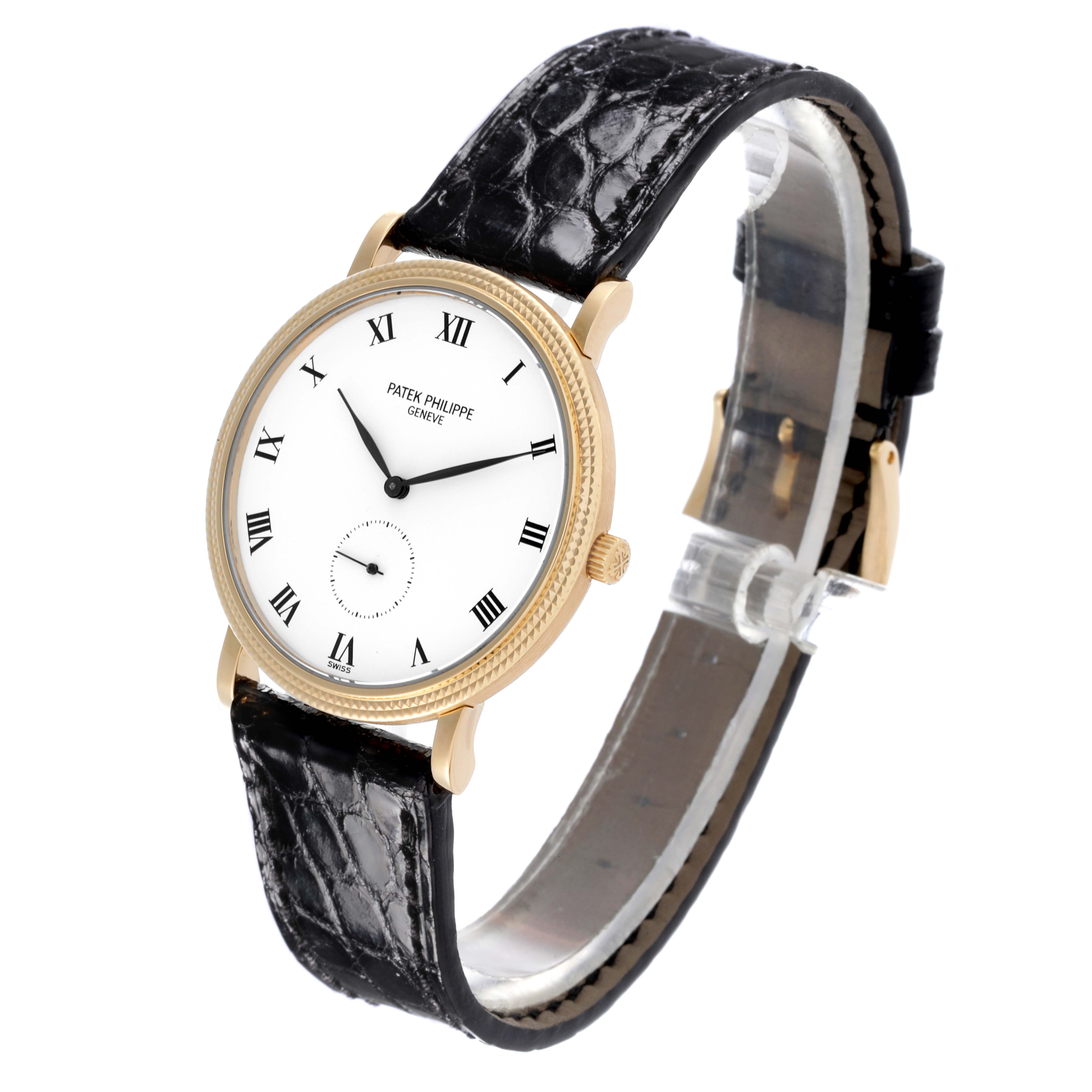 The Patek Philippe Calatrava 3919J Men's Yellow Gold White Dial 3919J Men's Yellow Gold White Dial watch is shown at a slight angle, highlighting the face, bezel, and black leather strap.